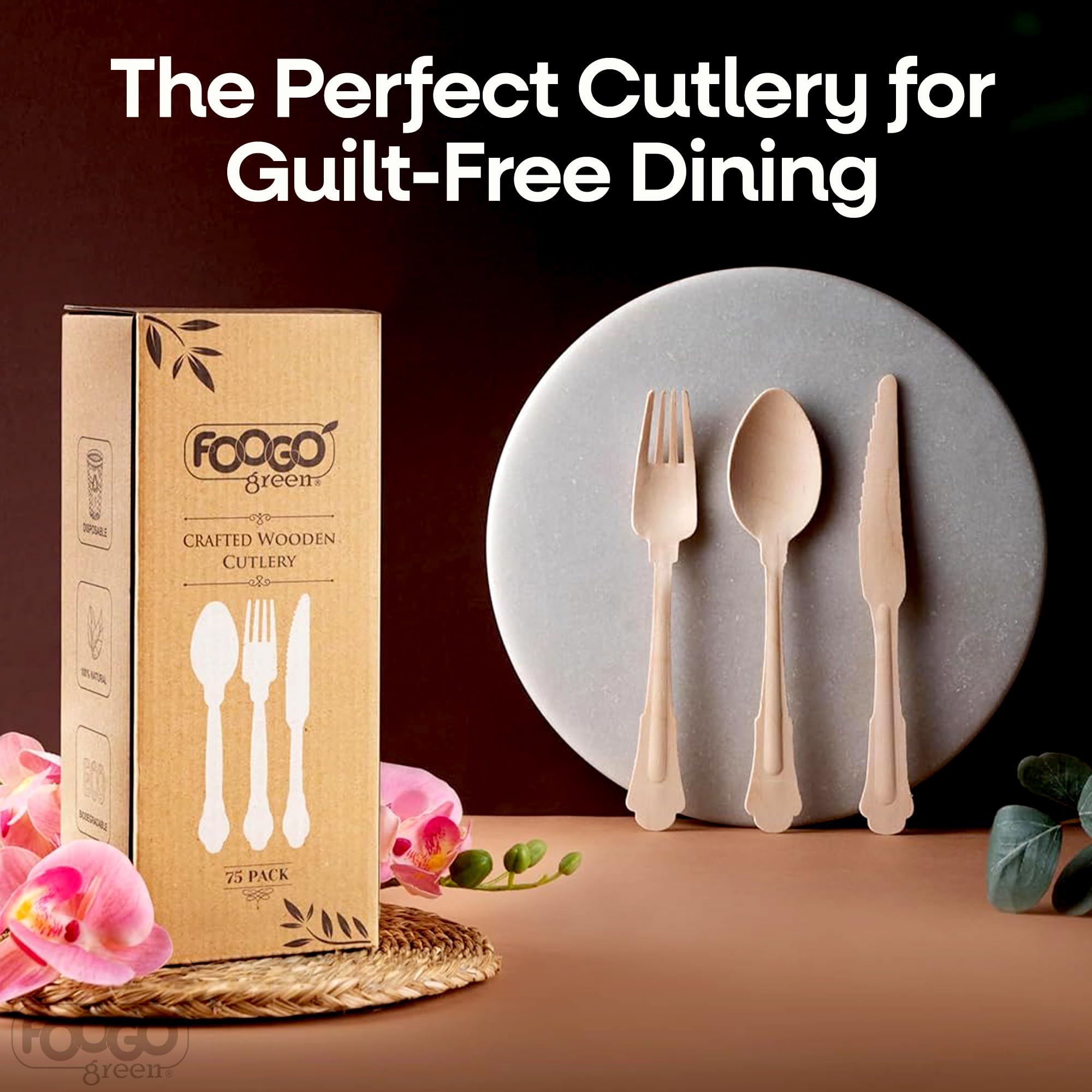 FOOGO Green Set di 600 Posate Monouso in Legno, Certificate FSC®, 25 Forchette, 25 Cucchiai, 25 Coltelli, 16 cm, Compostabili, Set di Posate, Picnic, Set di Posate in Bambù per Aperitivi, Stuzzichini