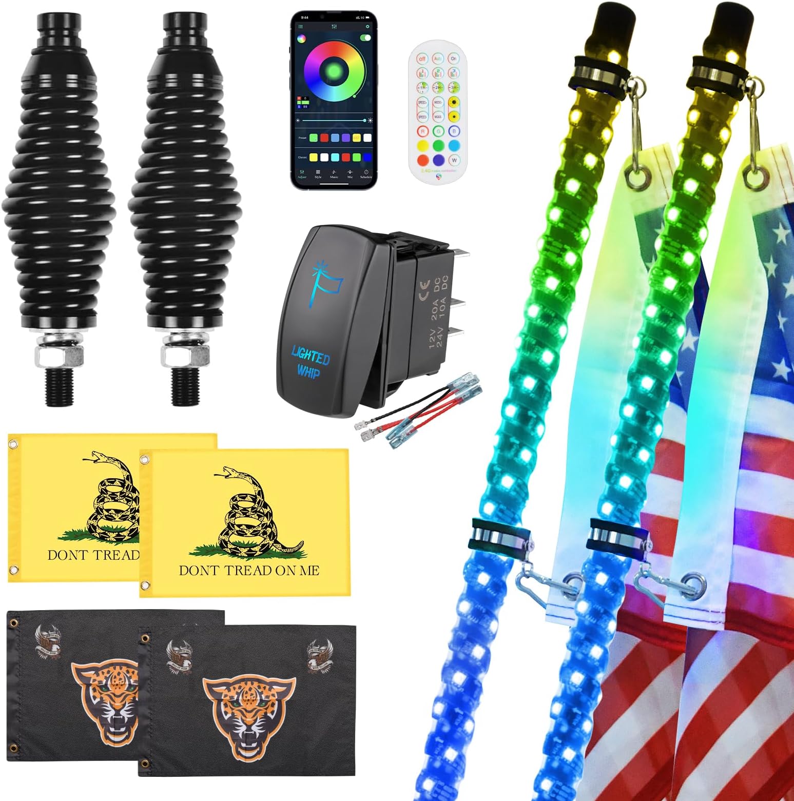 Ehaho 2 Pack 3Ft Whip Lights With Spring Base,Led Light App & Remote Control, Spiral Rgb Chasing Lighted Whips Rocker Switch, Music For Utv Atv Polaris Rzr Can-Am Sxs Truck