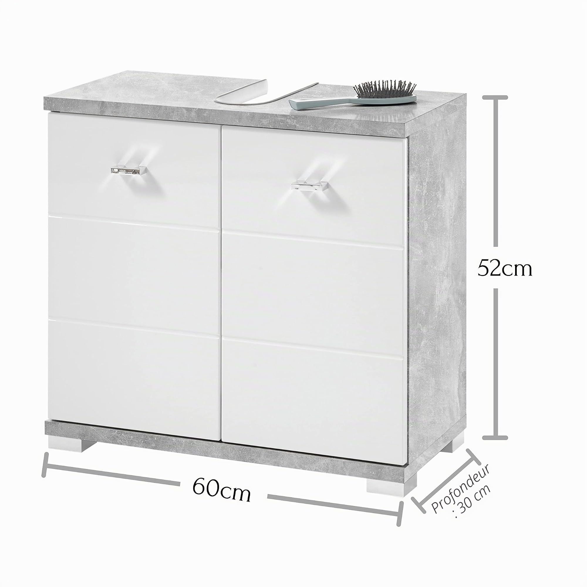 Stella Trading POOL Meuble sous lavabo salle de bain en look béton, blanc - meuble sous vasque moderne avec beaucoup d'espace de rangement - 60 x 52 x 30 cm