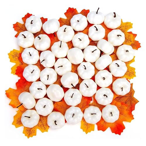 HAKACC 40 PCS White Fake Pumpkins, Mini Pumpkins with Maple