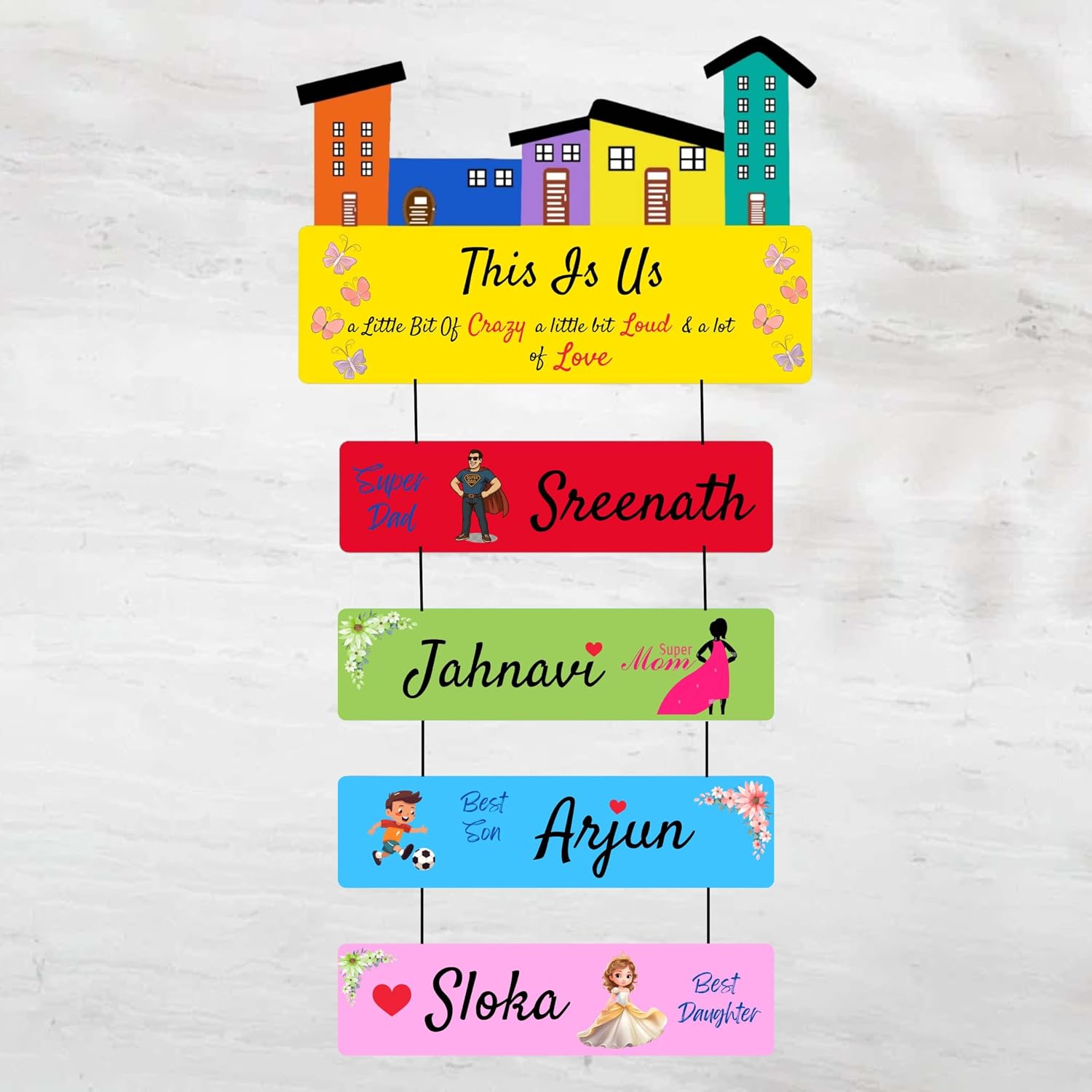 Webelkart Premium Wooden Welcome Happy family Customised Wall Hanging Name Plate For Home Entrance outdoor, Wooden personalised Names Welcome Wall Hanging For Wall - (20 x 12 Inches)