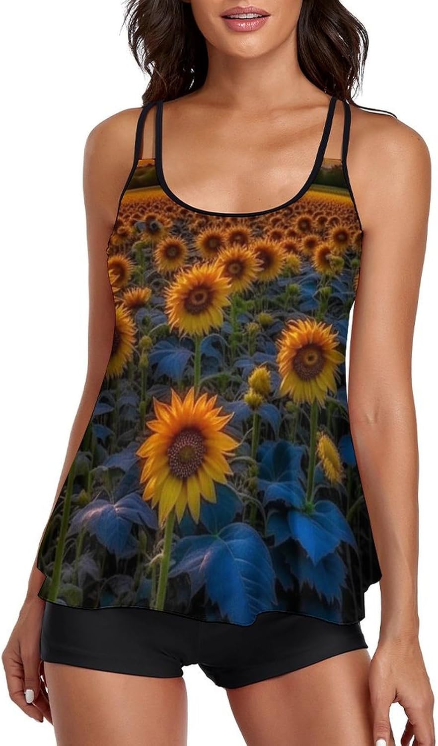 Women's Modest Tankini Bathing Suits, Tummy Control Tankini Top with High Waisted Shorts