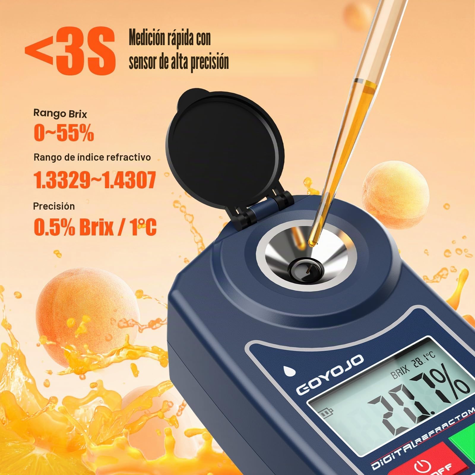 GOYOJO Refractómetro Digital Brix con Compensación Automática de Temperatura para Muestras de Agua, Alimentos, Frutas, Bebidas y Medición de Azúcar en Plantas (0,0-55,0% Brix)