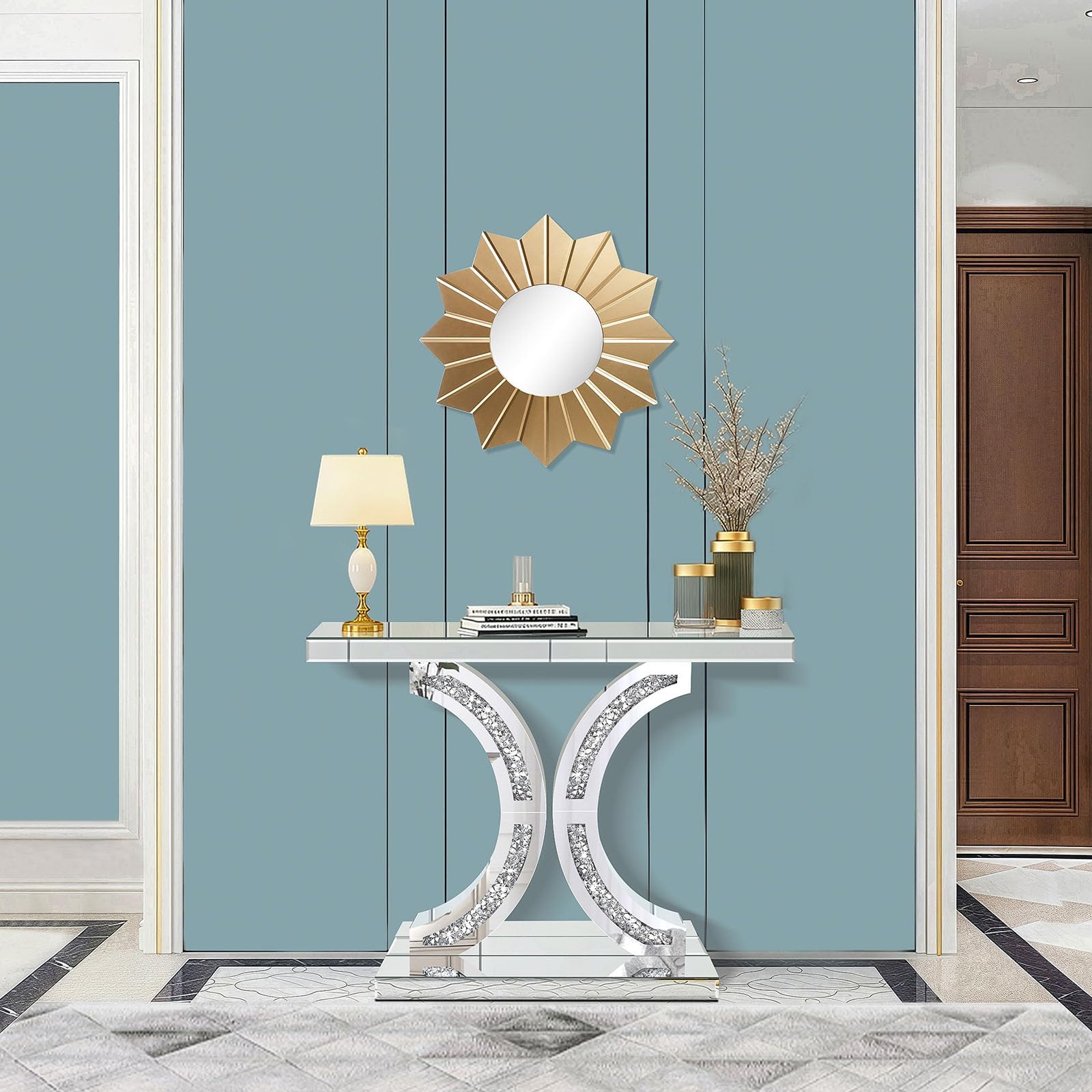 Consola de espejo plateada con incrustaciones de diamantes, mesa de cristal de 100 cm, marco en forma de C, mesa moderna para salón, pasillo, vestíbulo
