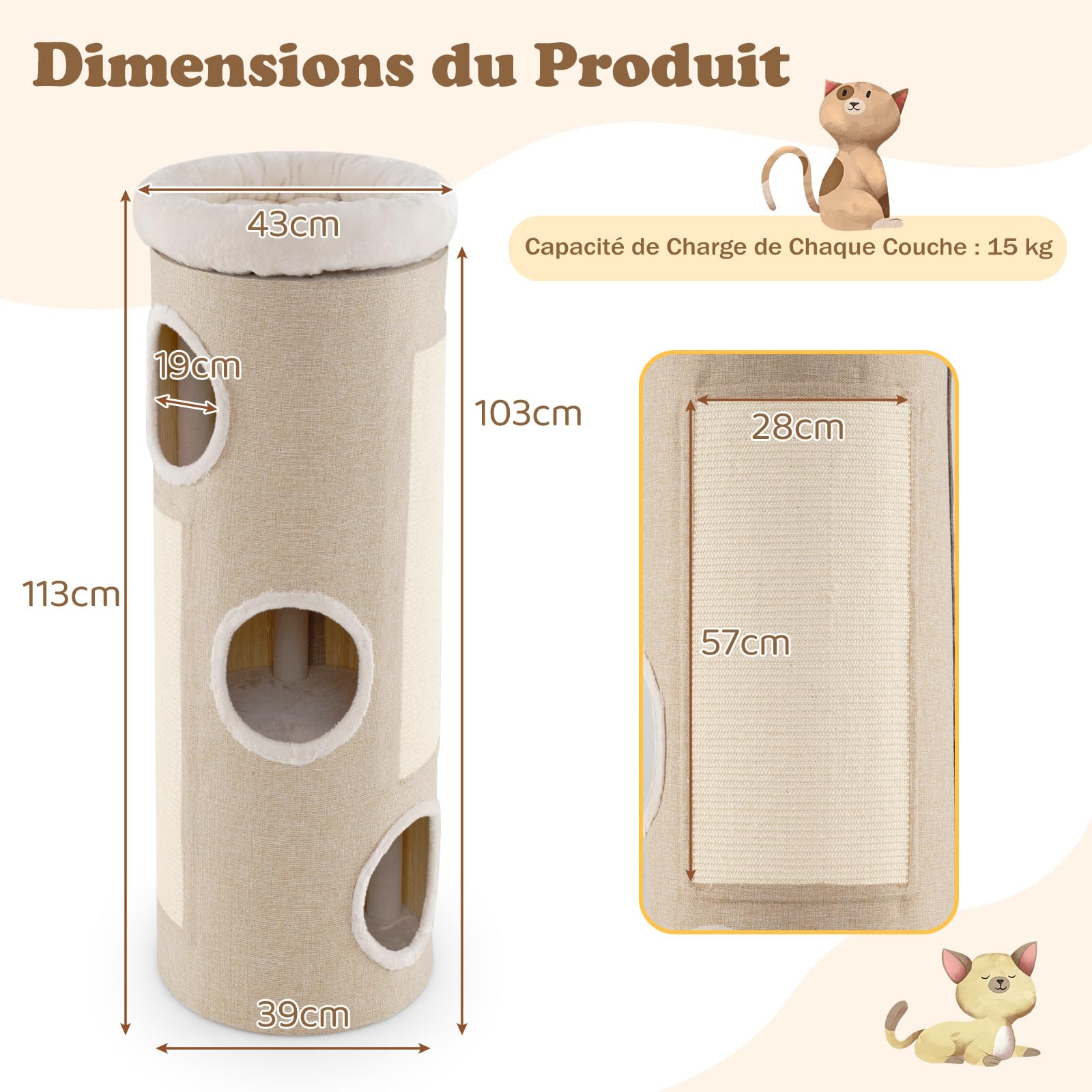 COSTWAY Tonneau Griffoir Chat à 4 Niveaux, Planche à Griffer en Sisal, 3 Condos, Coussin Amovible, Tapis en Bambou, Tour Chat Griffoir Interieur (43 x 43 x 113 cm,Naturel)