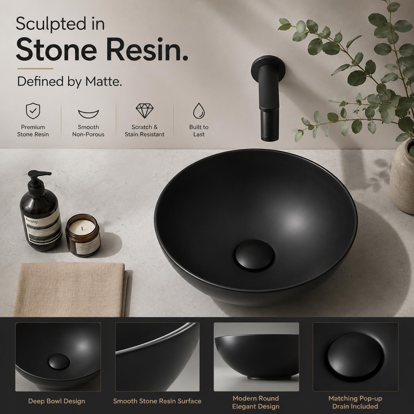 Lavabo de baño redondo negro – Lavabo de encimera de resina de piedra de 13 pulgadas con drenaje emergente, moderno lavabo de baño para el hogar y comercial