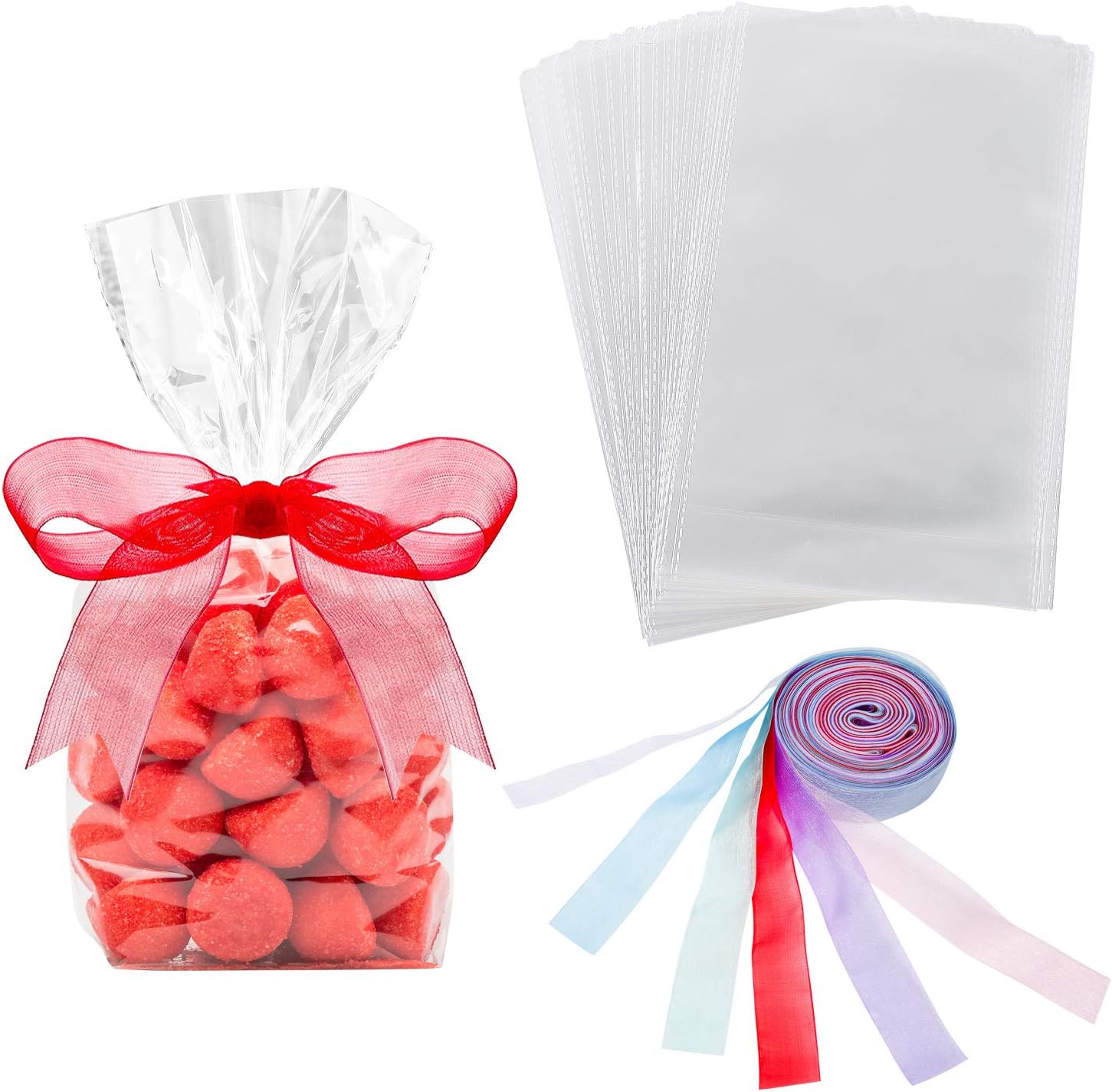 Hestya 50 Counts 6 x 10 Inches Clear Flat Cello Cellophane Treat Bags with Christmas Organza Ribbon Cellophane Block Bottom Storage Bags Sweet Party Gift Home Bags with Colorful Bag Ties