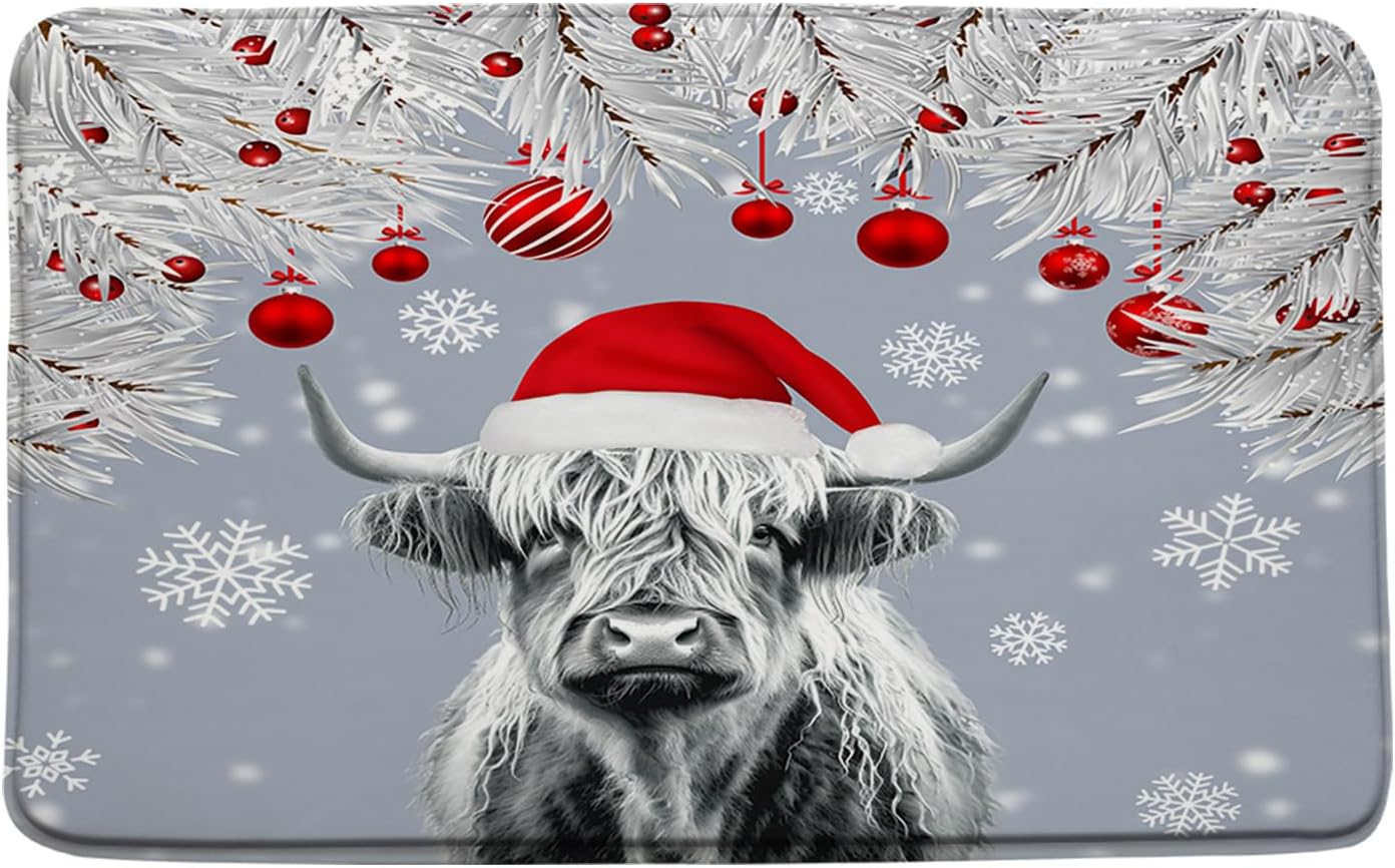 Sunhe Christmas Highland Cow Bath Mat Winter Holiday Farm Animal Longhorn Bull Rustic Farmhouse Festival Memory Foam Home Office Door Bathroom Decor Mat,24"x36"and 24"x48"