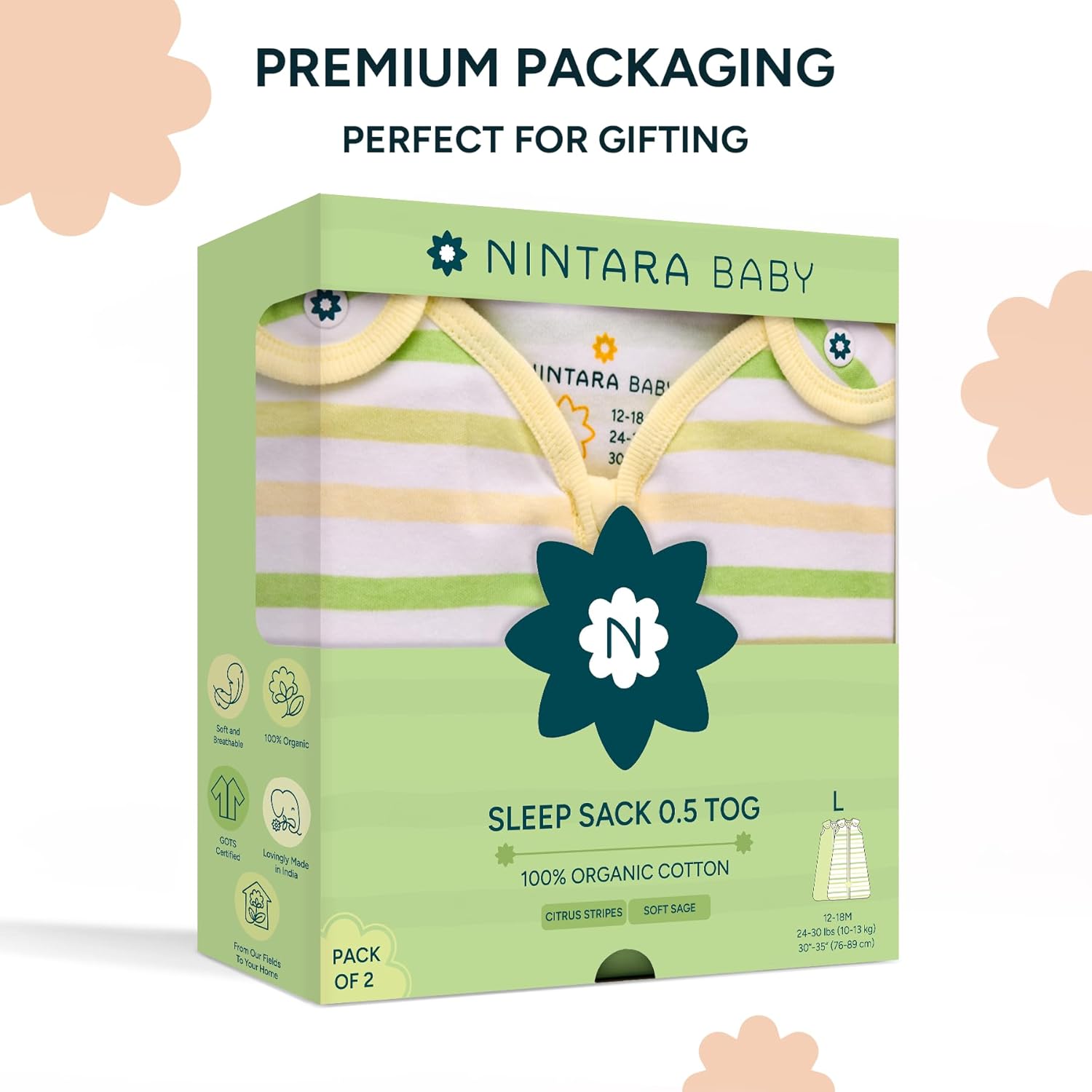 NINTARABABY 0.5 TOG Sleep Sack - Premium Organic Cotton, Lightweight Wearable Blanket for Newborns, Infants & Toddlers (0-24 Months), Unisex Baby Sleeping Bag, Gifts for Babies, Pack of 2. - Image 7