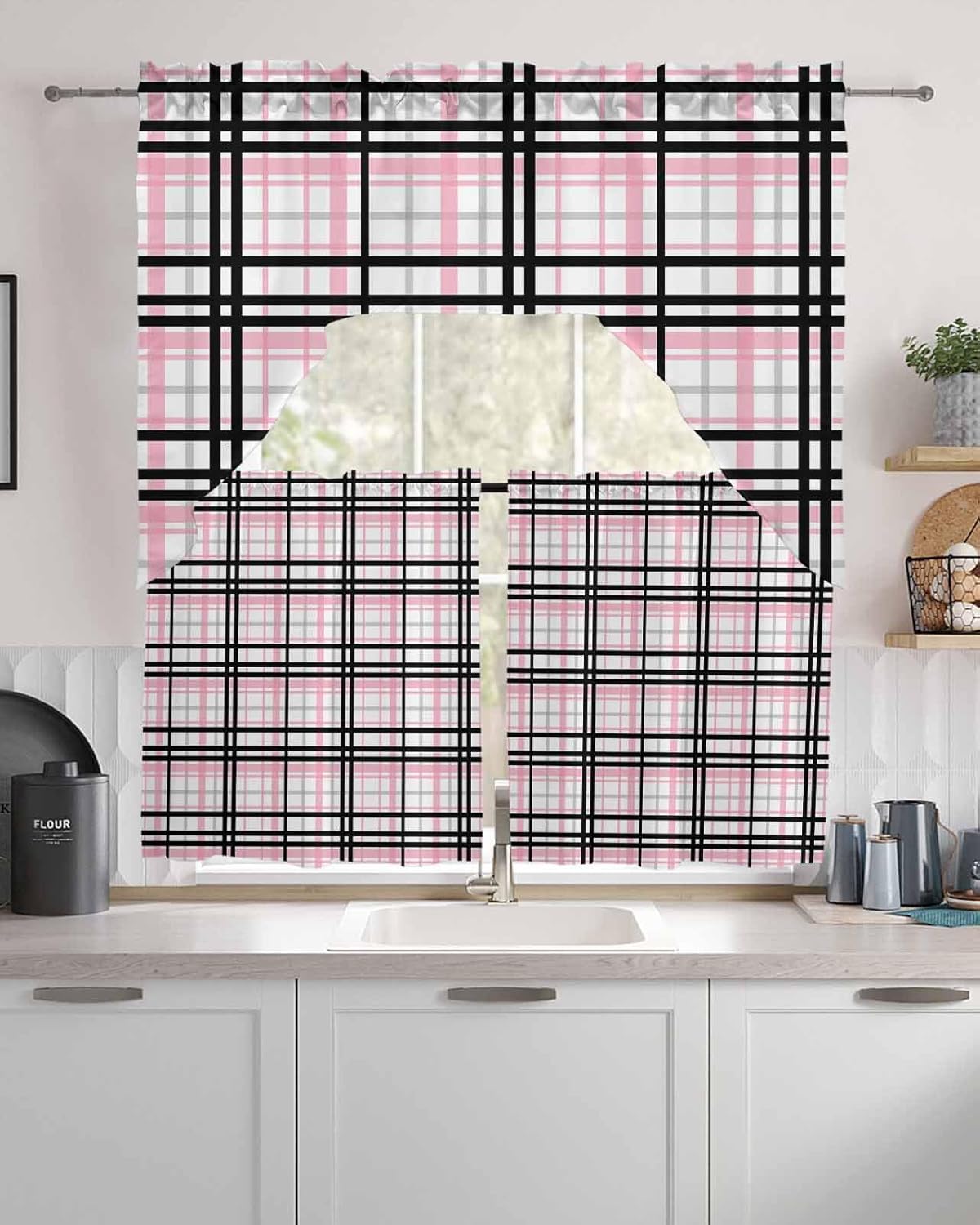 Pink Black Plaid Kitchen Curtains and Valances Set, Swag Curtains Window Treatment Tiers, Farmhouse Pink Black Checkered Rod Pocket Curtains Drapes for Cafe Kitchen Curtains 36 Inch Length