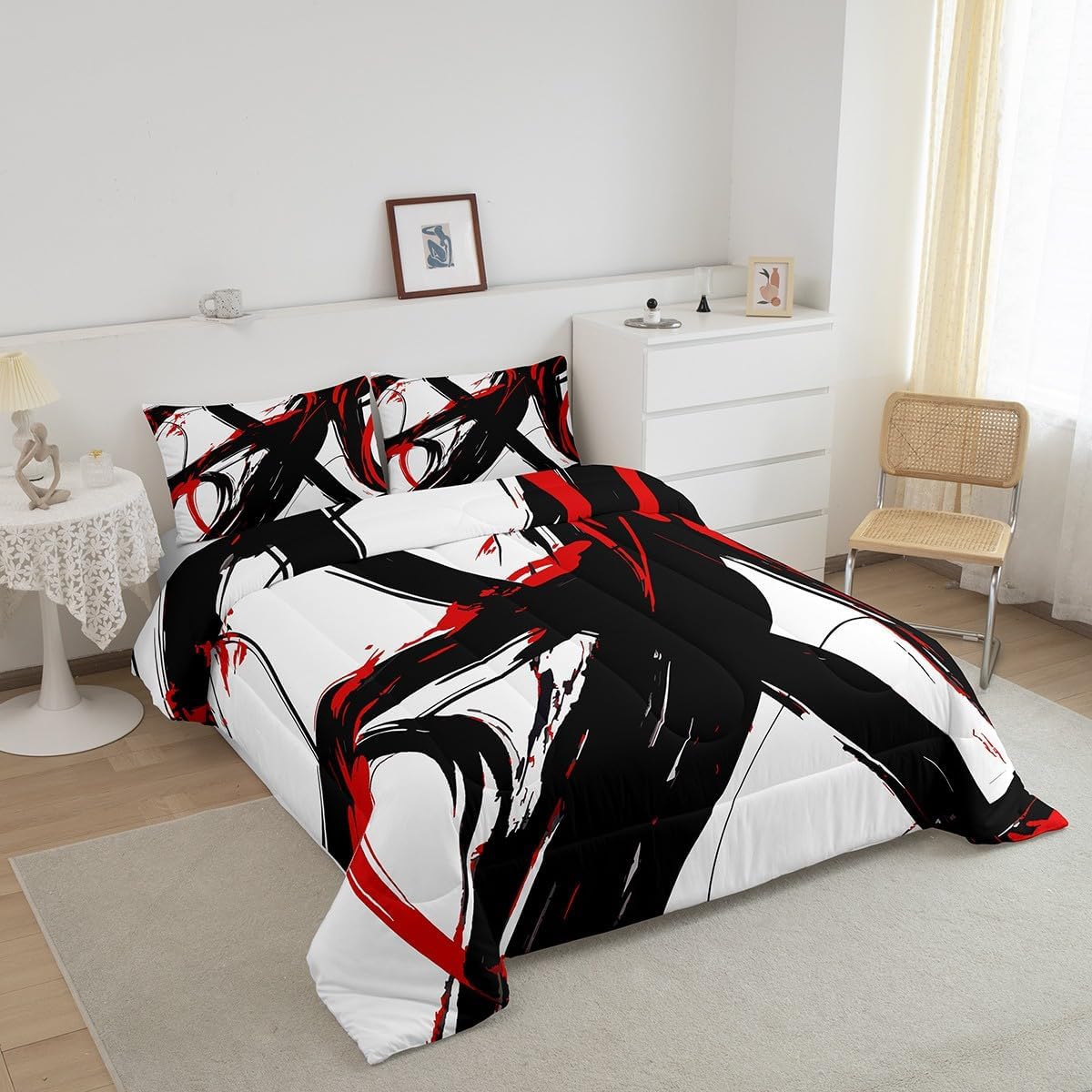 Feelyou Abstract Art Bedding Set Queen Size Kids Red Black Modern Geometric Print Duvet Quilt for Boys Girls Teens Minimalist Ink Line Comforter Set Soft Microfiber
