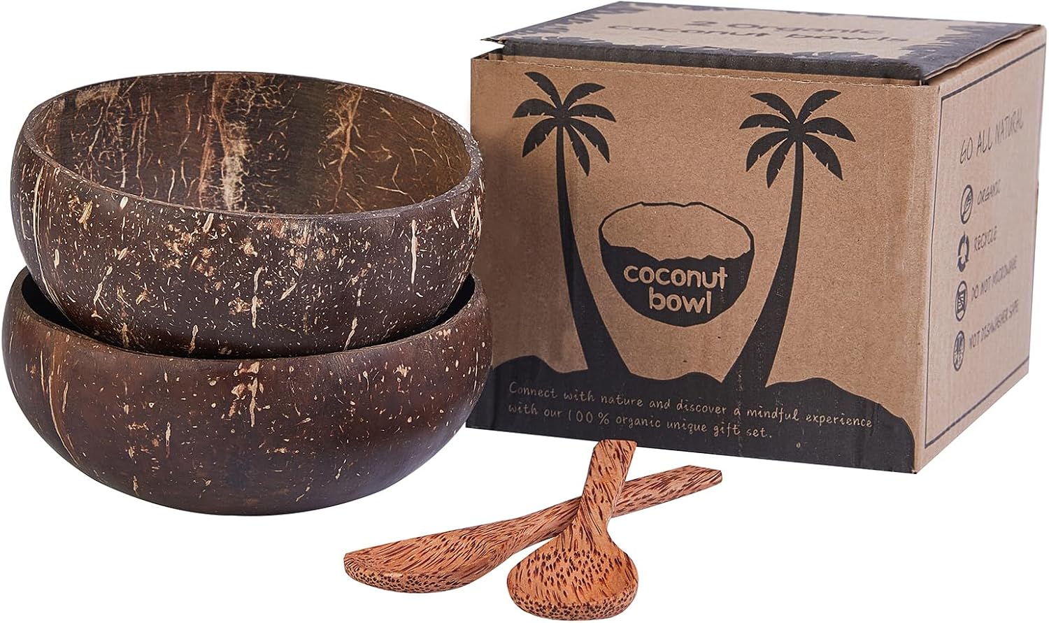 Set of 2 Natural Coconut Bowls Smoothie Bowls - Eco-Friendly and Sustainable Serving Bowls, Medium