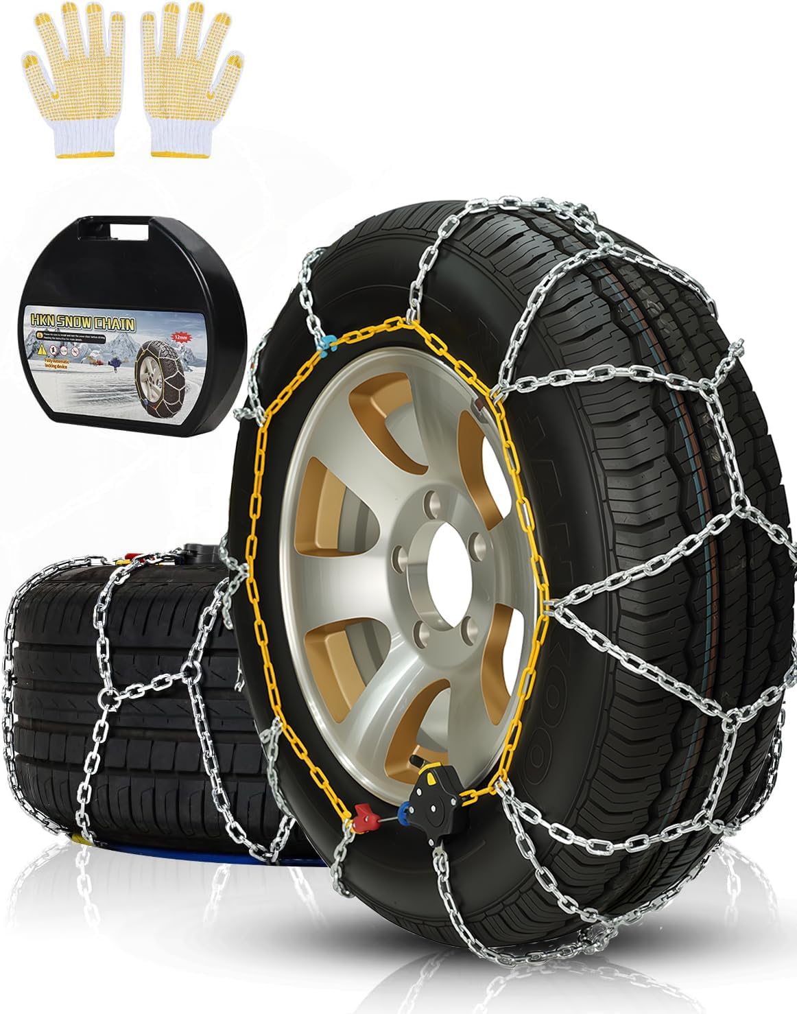 Auto Snow Chains Tire Chains For Cars Suv Pickup Trucks - Tightening 1Min Quick Install Tire-Chains, Reusable Emergency Tire Chains for Snow & Ice Traction (HKN150)