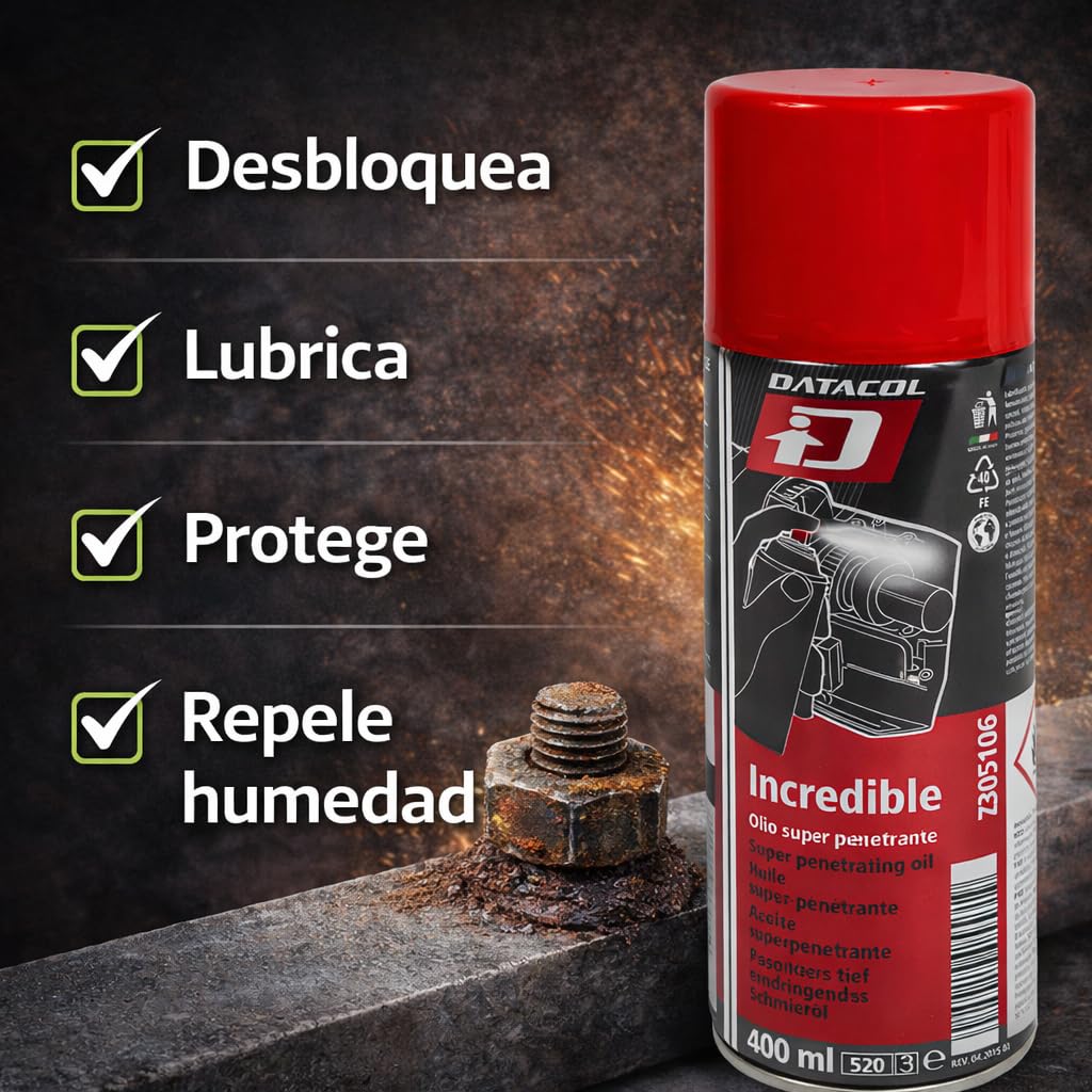DATACOL Incredible Spray Aceite Penetrante Profesional 400ml – Lubricante Desbloqueante Aflojatodo para Tornillos Oxidados y Piezas Gripadas - 5 en 1 - Pack de 4
