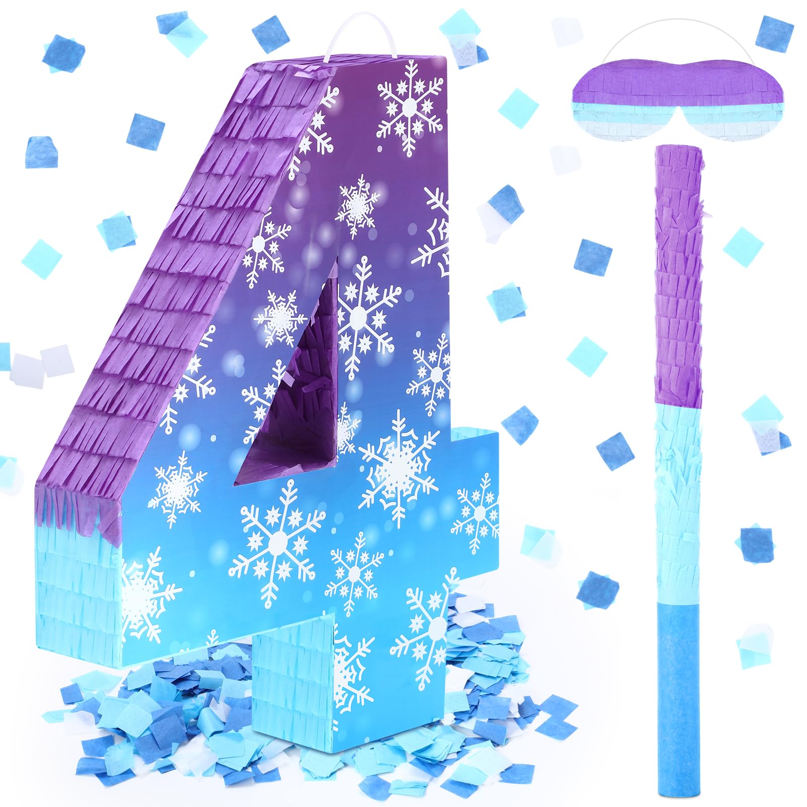 Skylety Décorations d'anniversaire en forme de flocon de neige - Piñata numéro 4 avec bâton - Bandeau pour les yeux et confettis - Décoration de fête d'anniversaire - Princesse d'hiver