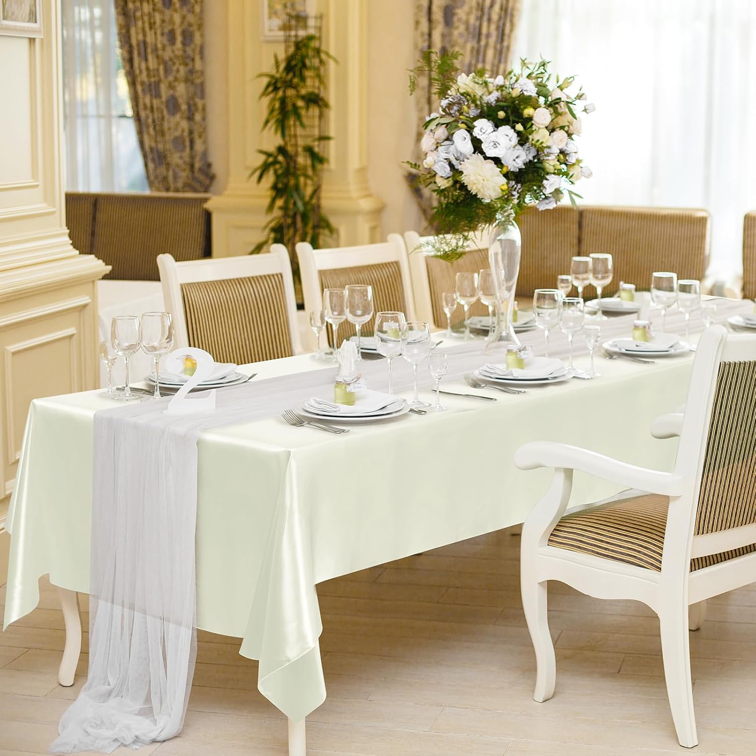 MCEAST 2 Pack Satin Rectangular Tablecloth, 102 x 58 Inches, Ivory | Glossy Smooth Silk Fabric Tablecloth, Elegant Table Overlay Decor for Wedding, Banquet, Party Celebration