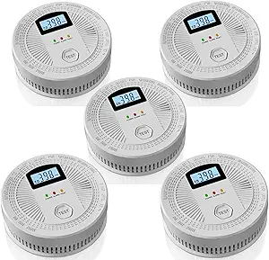5 Pack Combination Photoelectric Smoke and Carbon Monoxide Alarm Detector with LCD Display; Battery-Operated Smoke Carbon Monoxide Alarm
