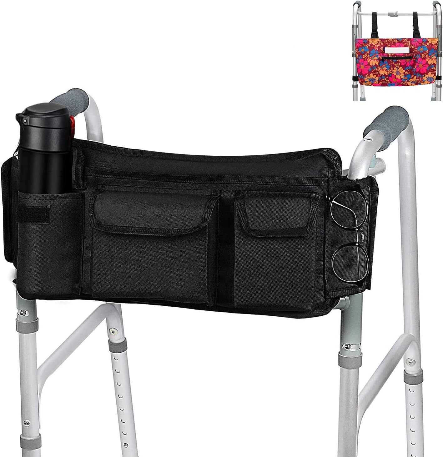 supregear Foldable Walker Bag Bundle, 1 Black Walker Basket Organizer Pouch Tote and1 Floral Walker Pouch with Detachable Preserve Heat Compartment for Walker Rollator Scooters Wheelchair : Health & Household