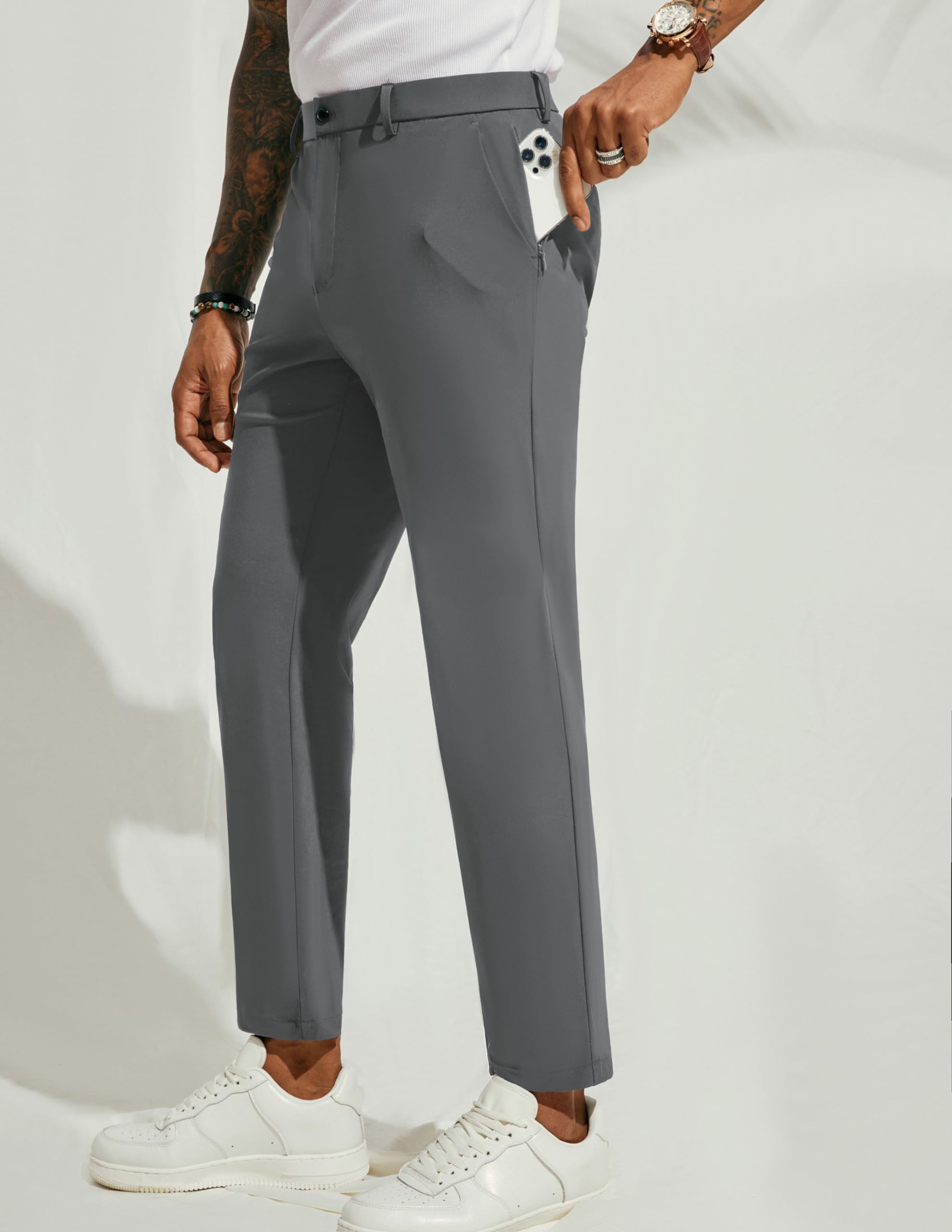 PJ PAUL JONES Mens Casual Stretch Pants Golf Pants Stretch Sweatpants Slim Fit Work Casual Joggers Pants for Men Dark Grey L