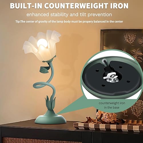 Miniatura 7 de Lámparas de mesita de noche para mujer, para dormitorio, bonita lámpara de escritorio de flores con cuello de cisne flexible ajustable, lámpara de