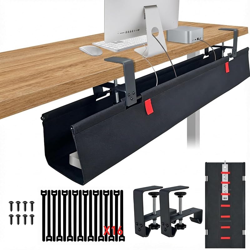 No Drill Under Desk Cable Management Tray, 36" Desk Cable Organizer | Premium Oxford Fabric Cable Management, Clamp Screw Desk Cable Management, Large Capacity Table Cable Organizer for Office
