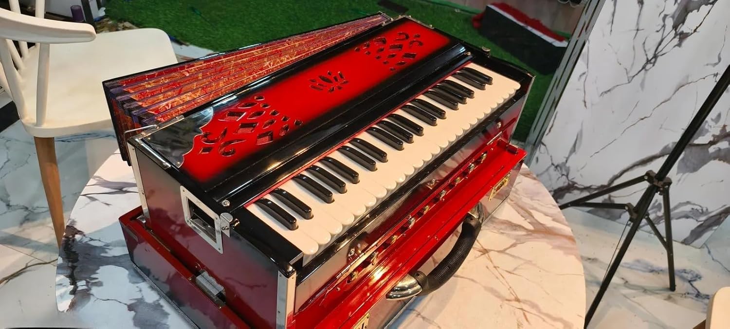 NamasteHimalayas Premium Professional 2-Reed Folding Harmonium – Red and Black Dual-Tone Glossy Finish