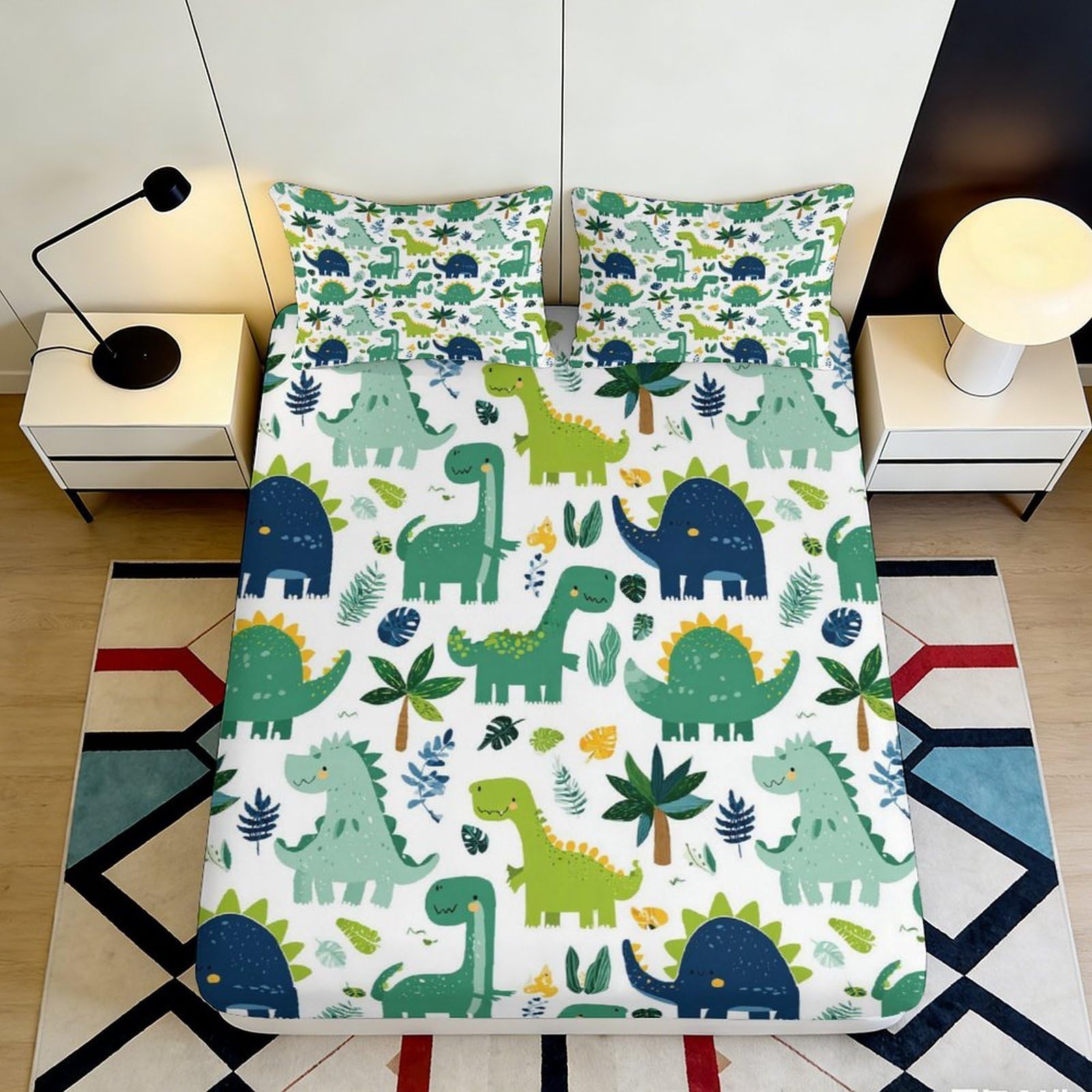 3D Printed Dinosaur Jungle Fitted Sheet Microfiber Soft Breathable Prehistoric Forest Bed Cover for Bedroom Dorm Decor 90x200x25cm