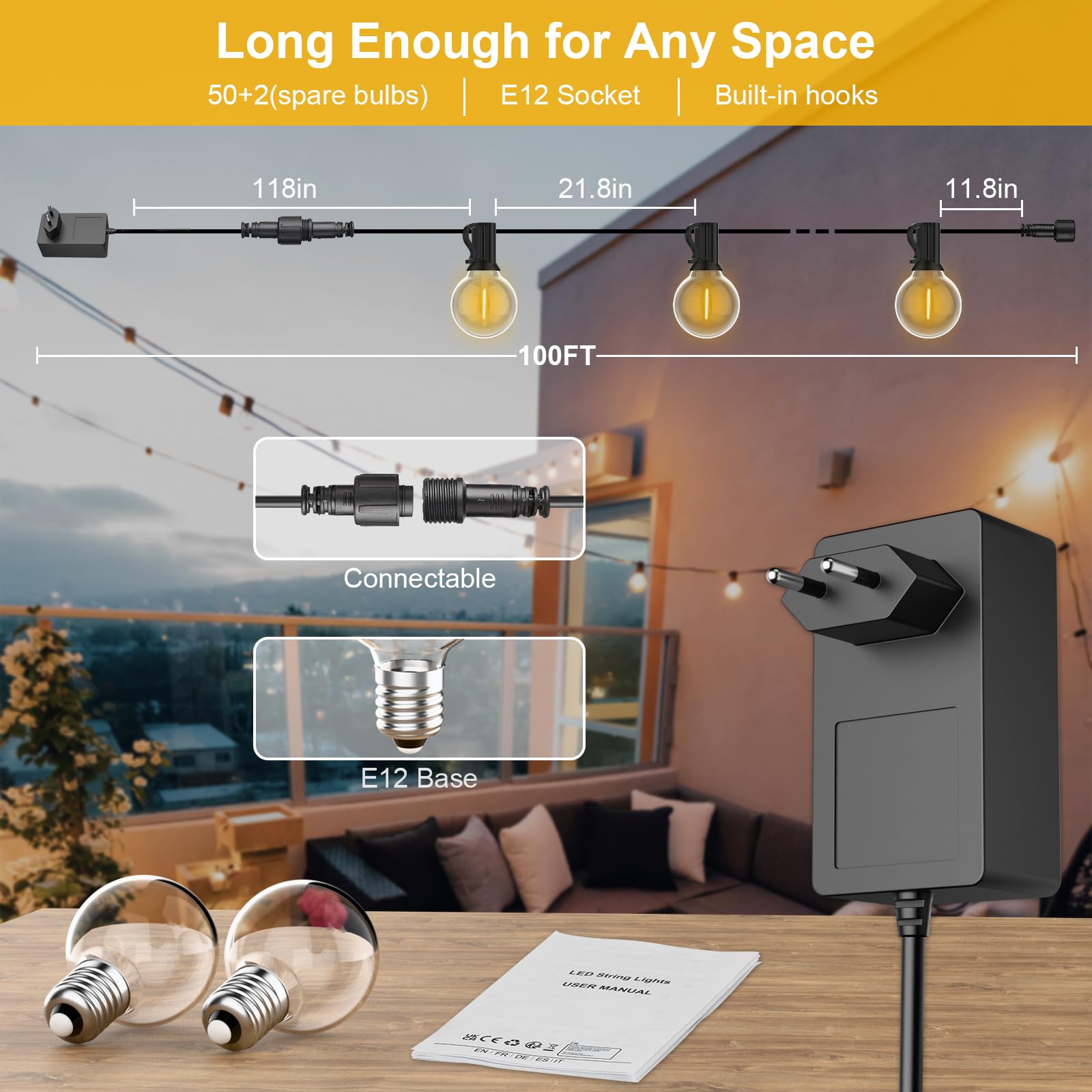 FARNY LED Lichterkette Außen, 30M Lichterkette außen strom mit 50+2 Stk. Warmweiße G40 Glühbirnen Plastik, IP45 Wasserdicht Innen/Außen Lichterketten für Garten, Terrasse, Hochzeiten, Partys