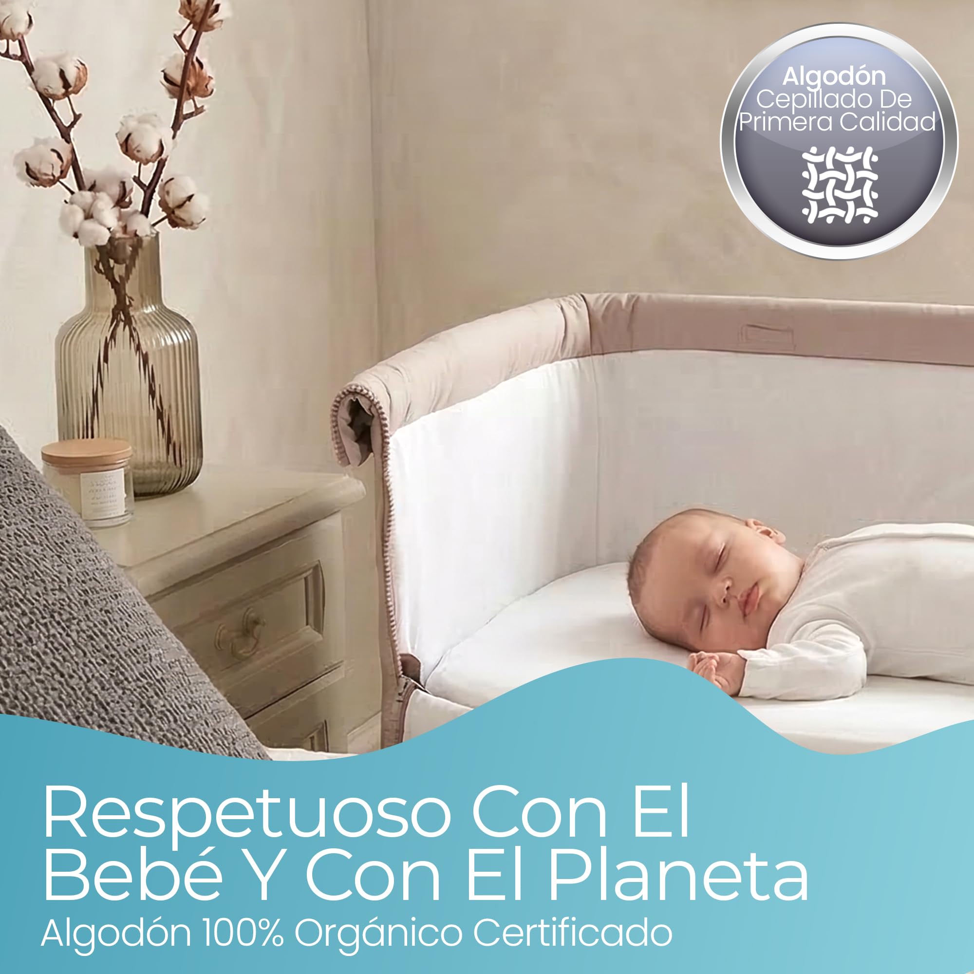 Sábana Bajera Minicuna 50x90 cm – 100% Orgánico Completamente Natural Juego de 2 Blanco Sabanas Minicuna – Suaves y Transpirables – Ajuste Elástico