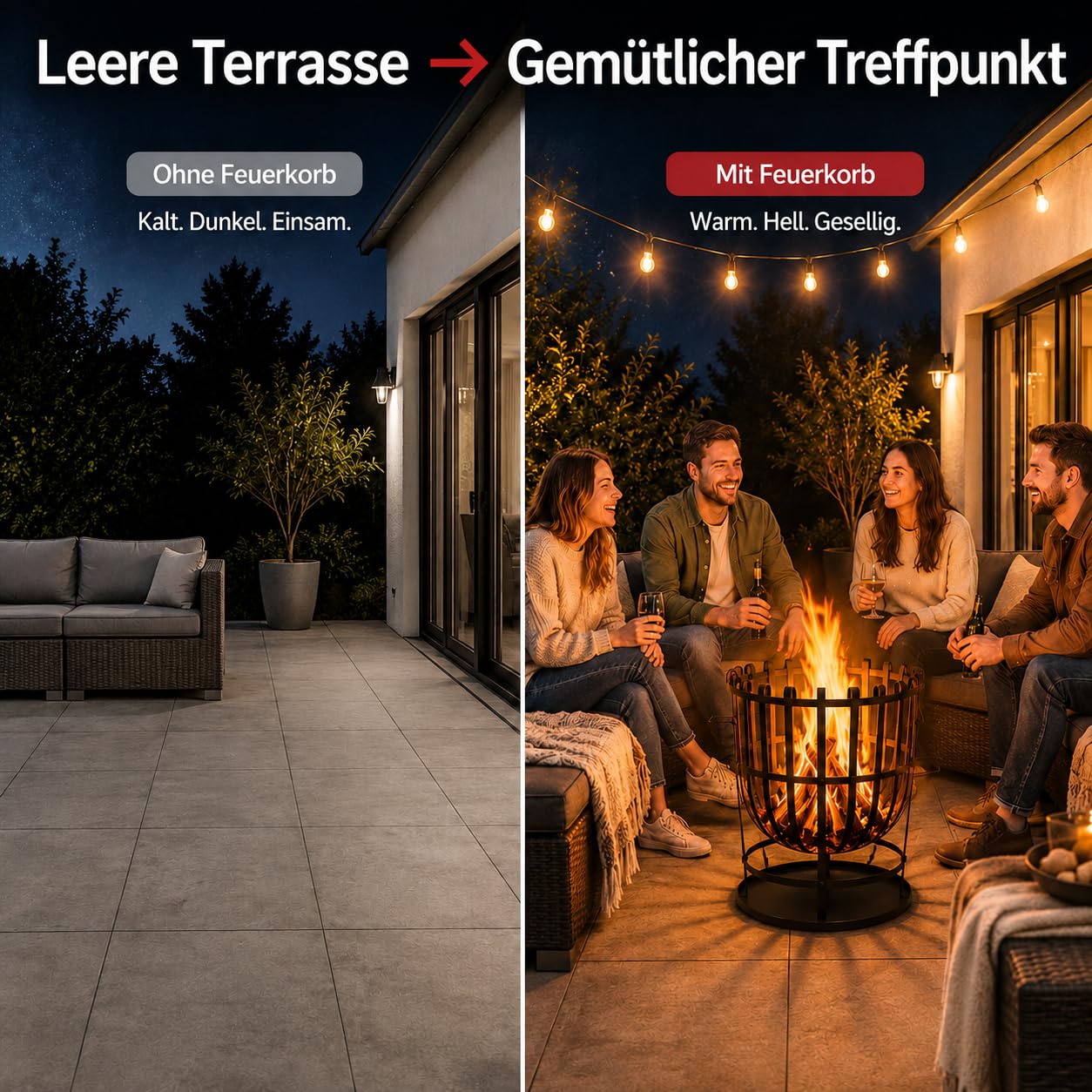 Robuster Feuerkorb Feuerstelle Eisen 55x40 cm Feuerschale mit Bodenplatte Ideal für Lagerfeuer, Garten & auf der Terrasse & HLKauf-Block