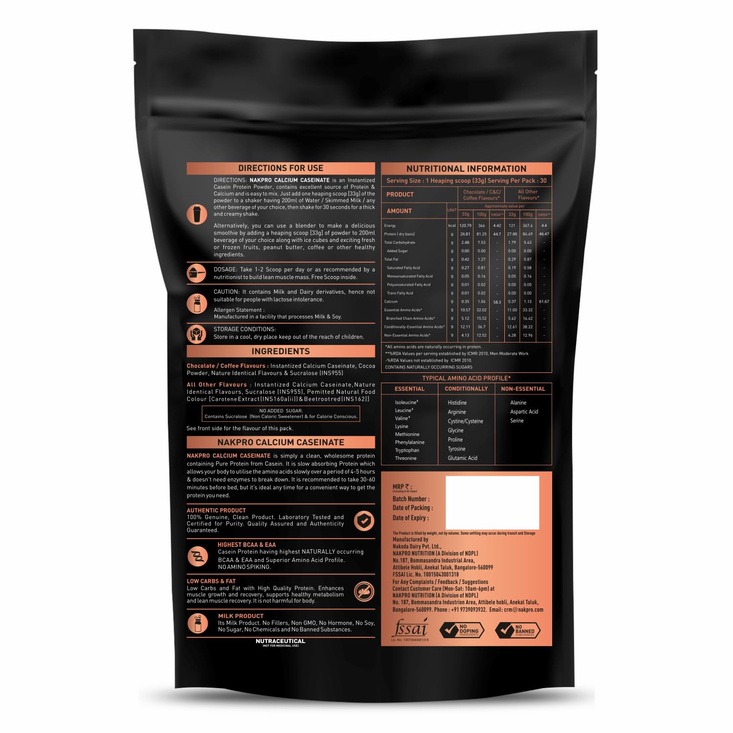 NAKPRO Calcium Caseinate | 26.81g Protein, 5.12g BCAA | Helps in Muscle Recovery | Slow Absorbing, Slow Digesting, Low Carbs Casein Protein Powder (1 Kg, Chocolate)