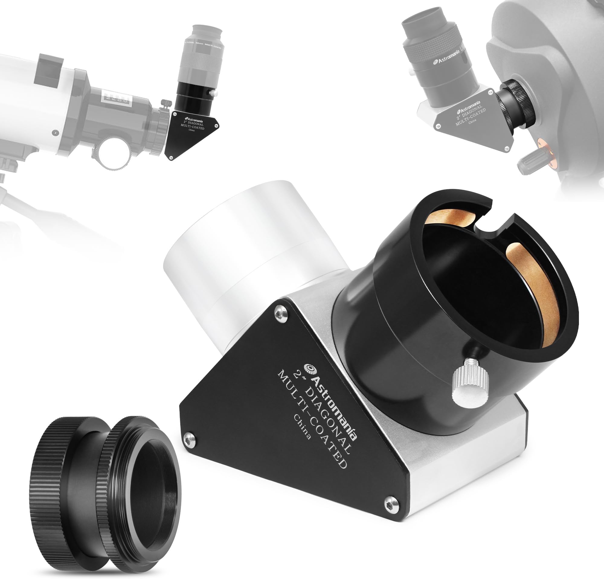 2" SCT 90-Degree Mirror Diagonal with 93% reflectivity across visible spectrum - fits rear cells of Schmidt-Cassegrain telescopes and includes an adapter to use with refractor telescopes