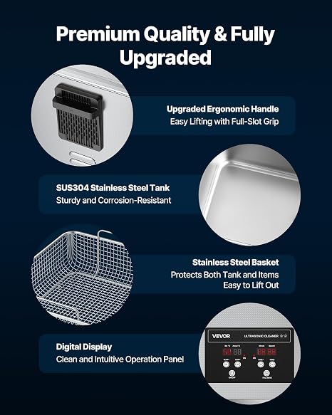 VEVOR 15L Ultrasonic Cleaner, Professional Ultrasonic Cleaner Machine with Cleaning Basket & Digital Display, 240W Stainless Steel 40kHz Industrial Cleaning Machine for Parts, Carburetors, Instruments