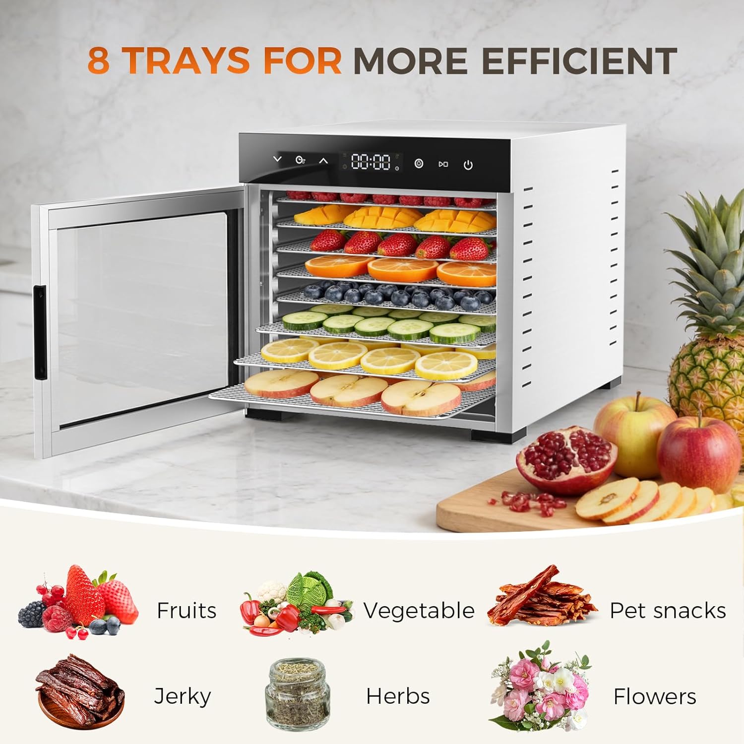OLIXIS Food Dehydrator Machine, 500W Jerky Dehydrators with 8 Stainless Steel Large Trays, 185°F Temperature Control & 24H Timer Food Dryer for Fruit Meat Herb Dog Treats, Silver