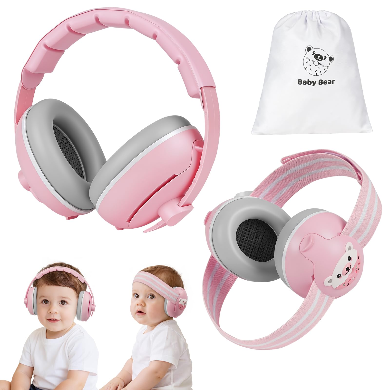 Adiwo 2-in-1 Baby Ear Defender, Non-Slip Baby Headphones, Noise Canceling Headphone & Headband for Babies, Ultra-Soft and Adjustable to 0-48 Months, Hearing Protection for Sleep Travel, Pink