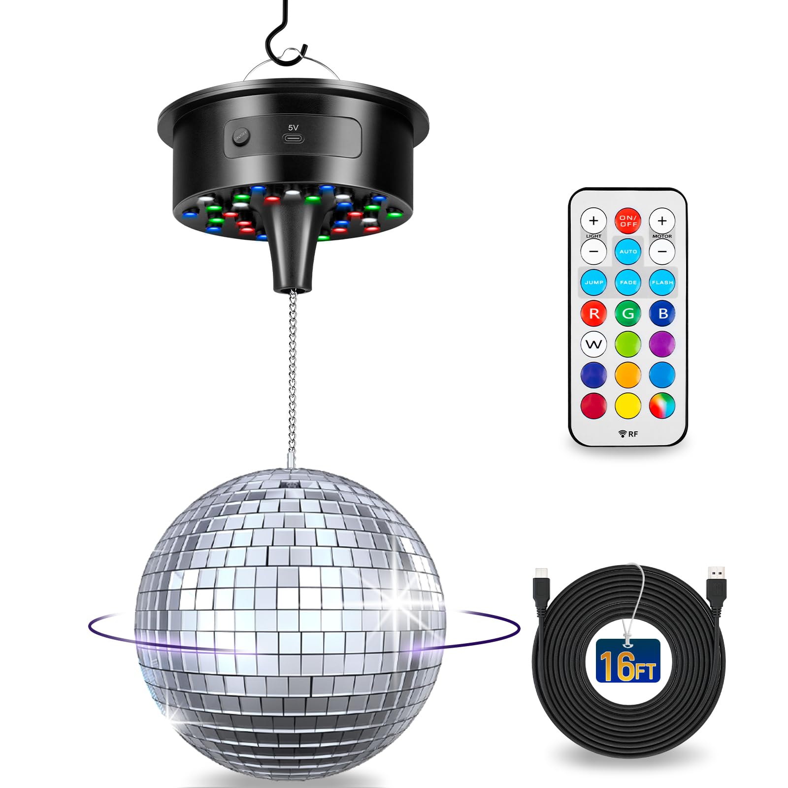 Boule disco avec moteur et boule miroir de 15,2 cm, rotation 0/3/6/9/12/15 tr/min à vitesse variable, 12 couleurs d'éclairage et 4 modes d'éclairage, câble d'alimentation USB de 4,9 m et télécommande