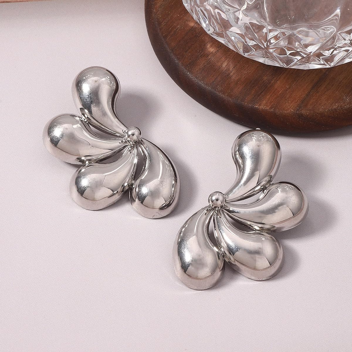 18K Gold Plated, Bold Silver Abstract Flower Earrings – Statement Chunky Stud Earrings for Women - Image 2