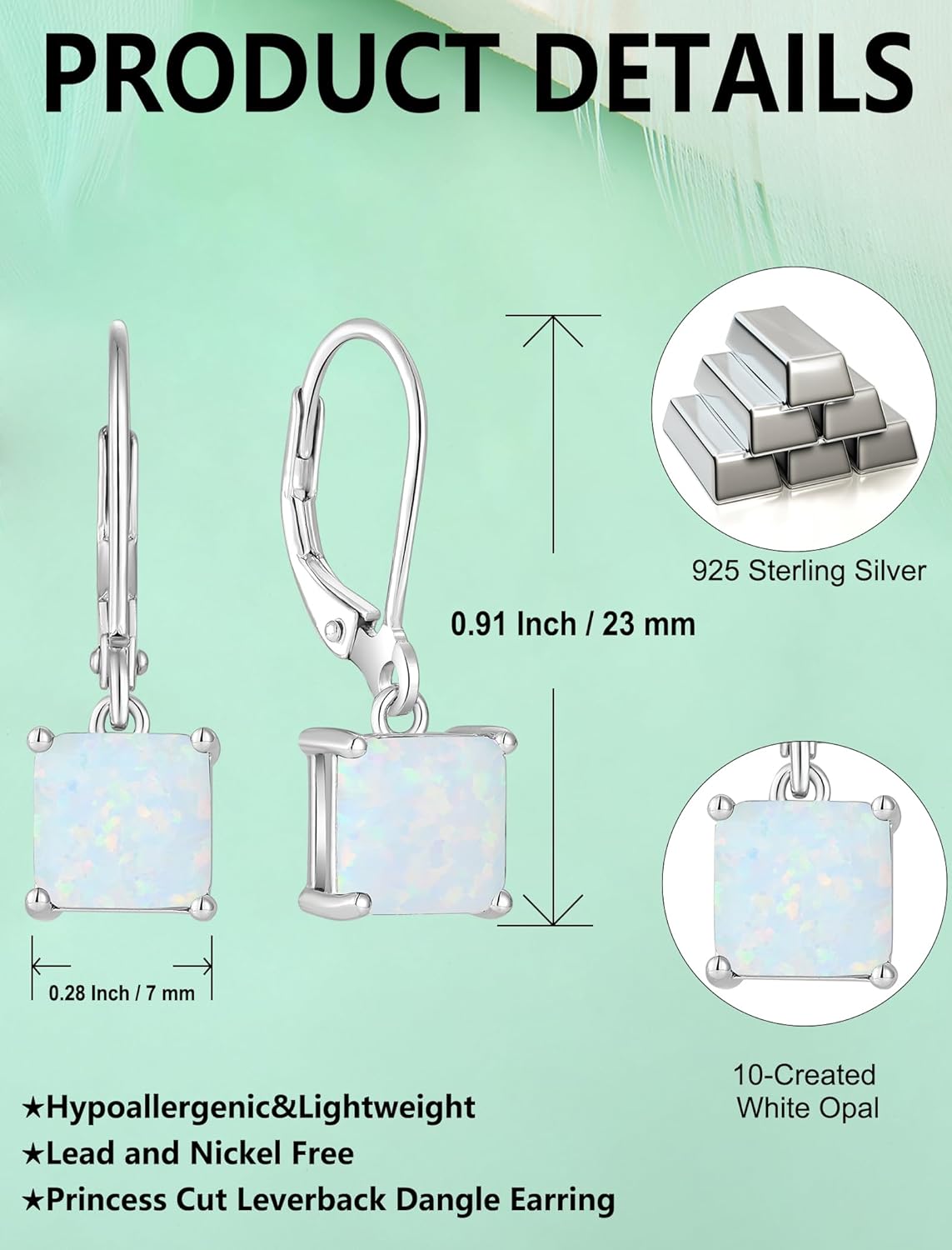 Square Earrings Birthstone Princess Cut Leverback Earring Sterling Silver Jewelry for Women