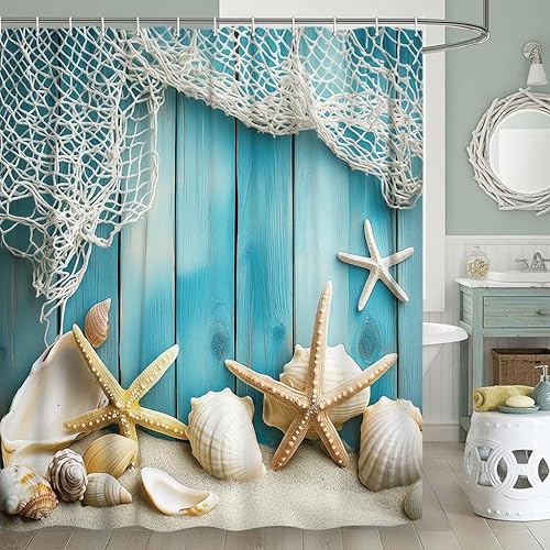 Miniatura 38 de JAWO Cortina de ducha con temática de playa con estrellas de mar, conchas tropicales, conchas de mar, escena costera hawaiana, vista al mar, sin