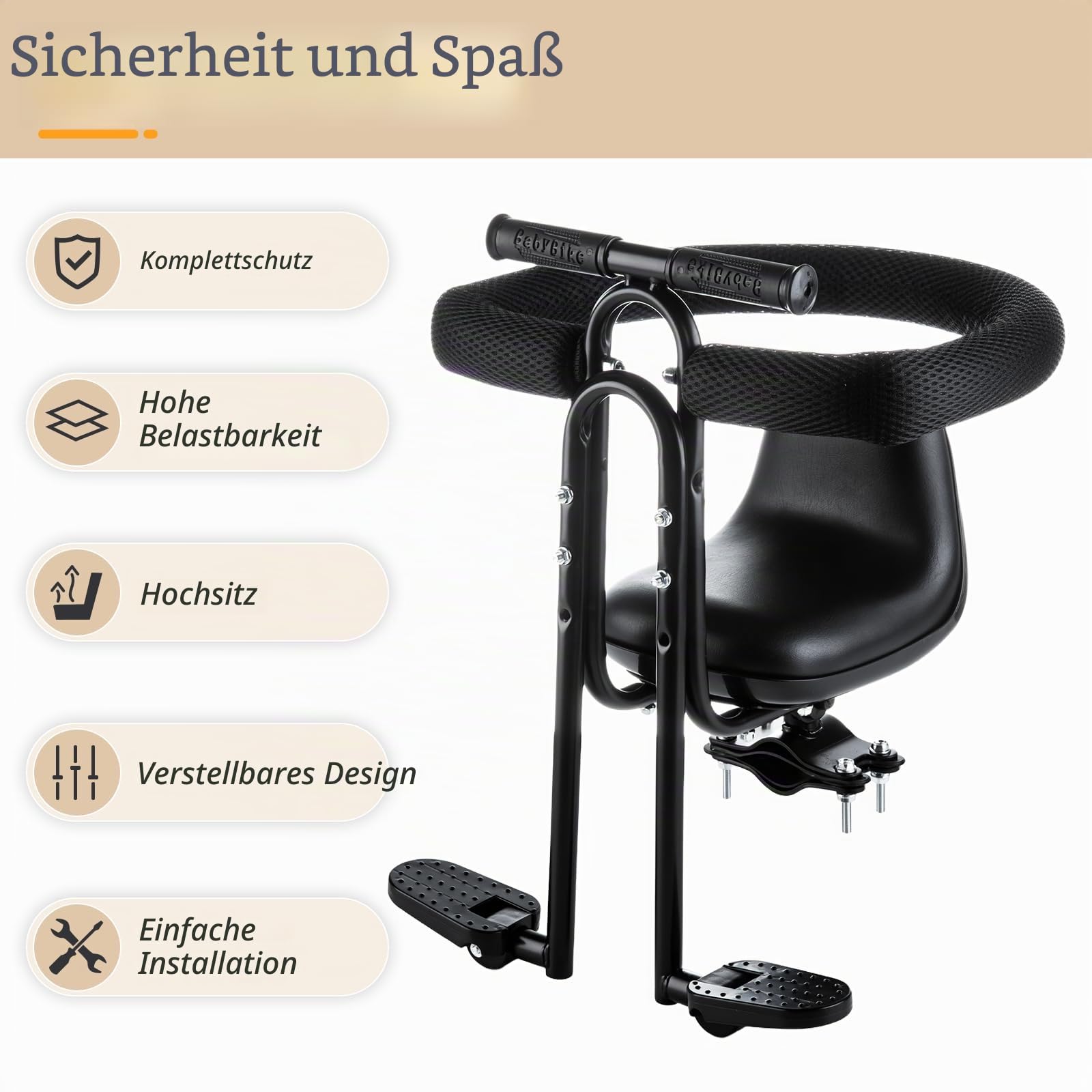 Fahrradsitz für Kinder, Vordermontage, Verstellbarer Fahrradsitz mit Armlehnen, Pedal, Abnehmbarer Leitplane, Fahrradstuhl für Kinder, 20,4 kg, kompatibel mit Allen Erwachsenen-Mountainbikes