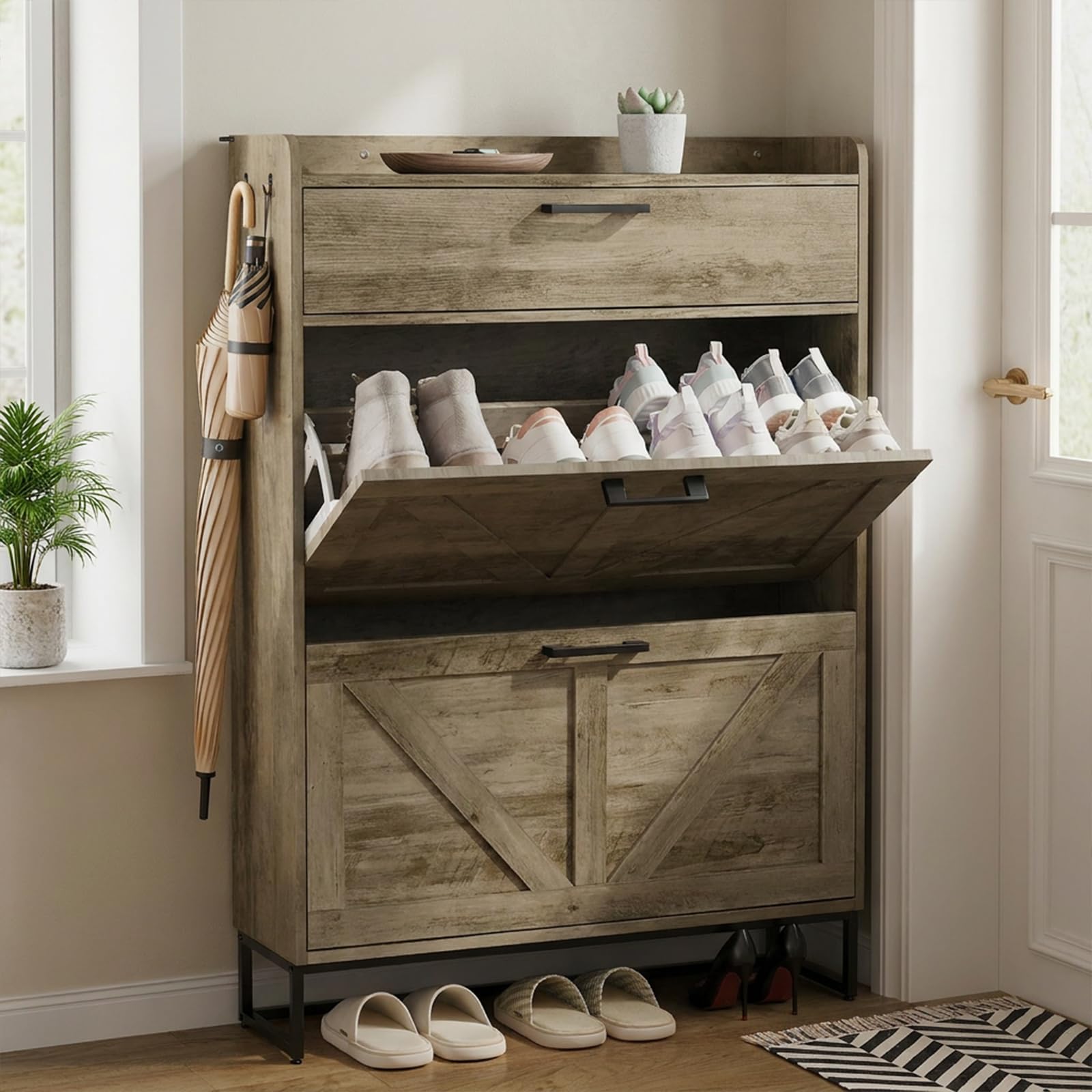 Shoe Storage Cabinet with 3 Flip Drawers, Narrow Wooden Cabinet, Oak Grey