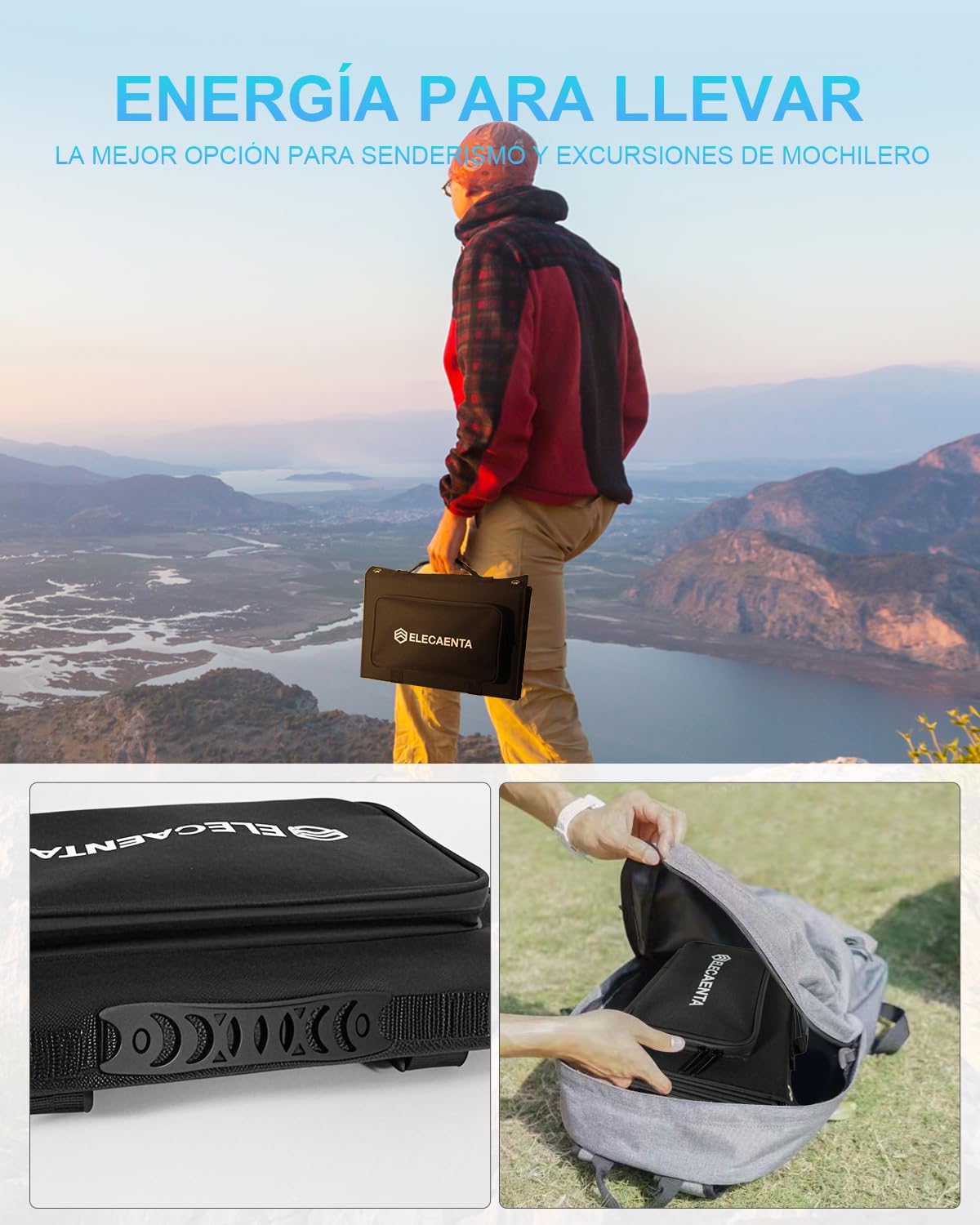 60W Cargador Solar Portátil, Placa Solar Plegable con 3 Puertos (PD45W USB-C/QC3.0 USB-A/18V CC), Panel Solar con IPX5 Impermeable para Móviles, Tablets, Estación de Energía, Acampar al Aire Libre