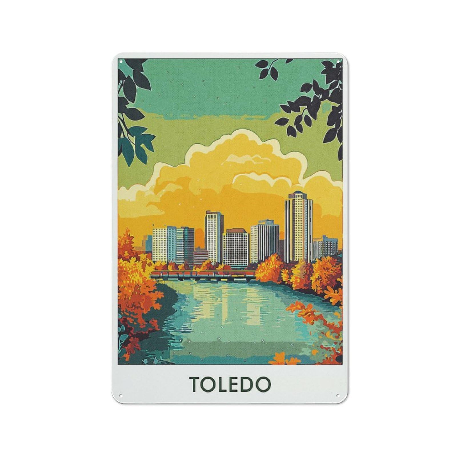 Creative Toledo Skyline Tin Sign 30x20cm, Study Room Decor for Workspace, Cafe, Shop Or Desk Area