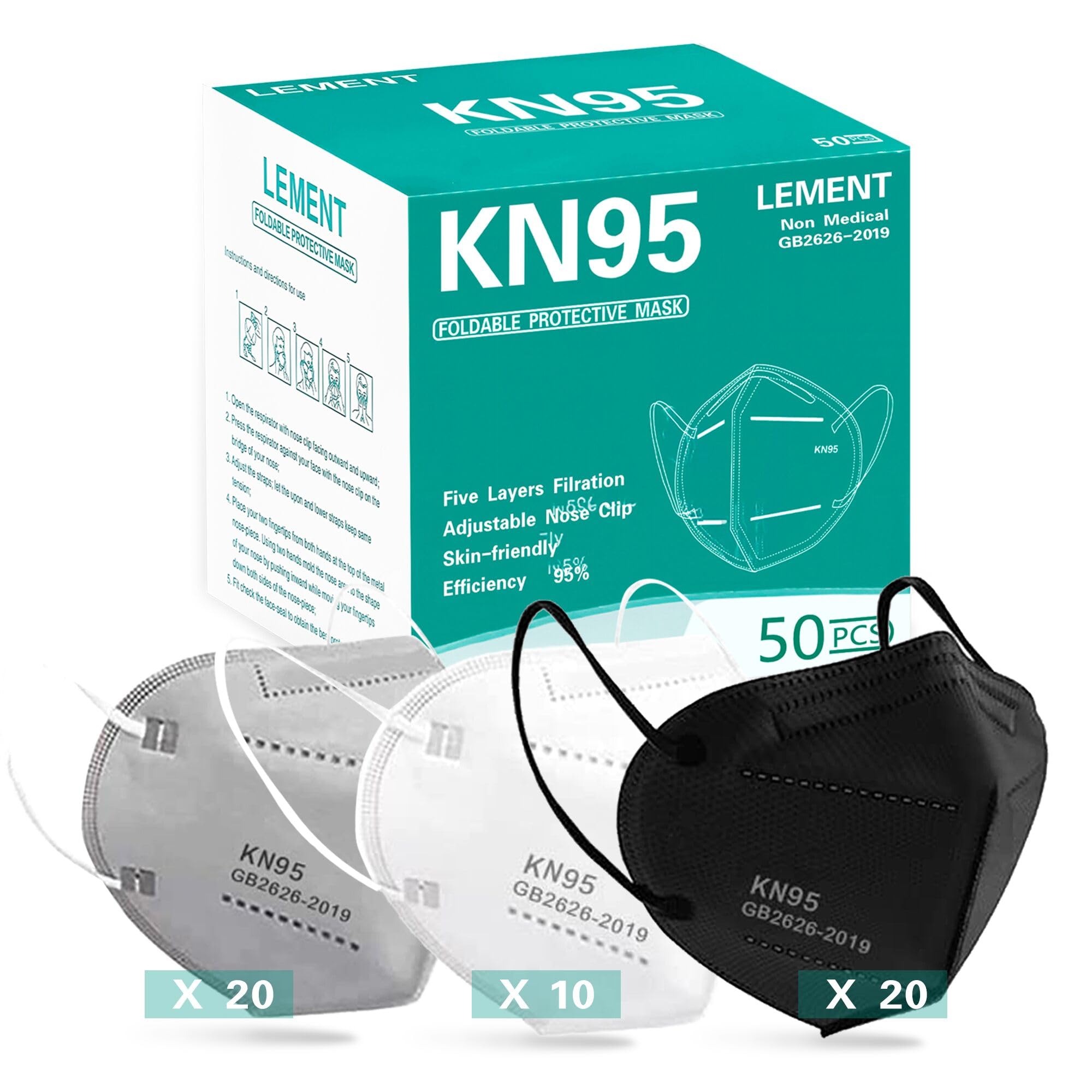 LEMENT 50PCS KN95 Face Mask 5 Layer Breathable with Elastic EarLoops Cup Dust Safety Masks(White,Black,Grey)