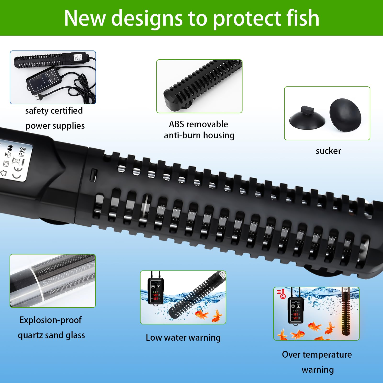 HUIZHOU Chauffage pour Aquarium (15-34 °C), thermoplongeur pour Aquariums et bassins à Poissons avec régulateur de température et Protection Contre la surchauffe (500W)