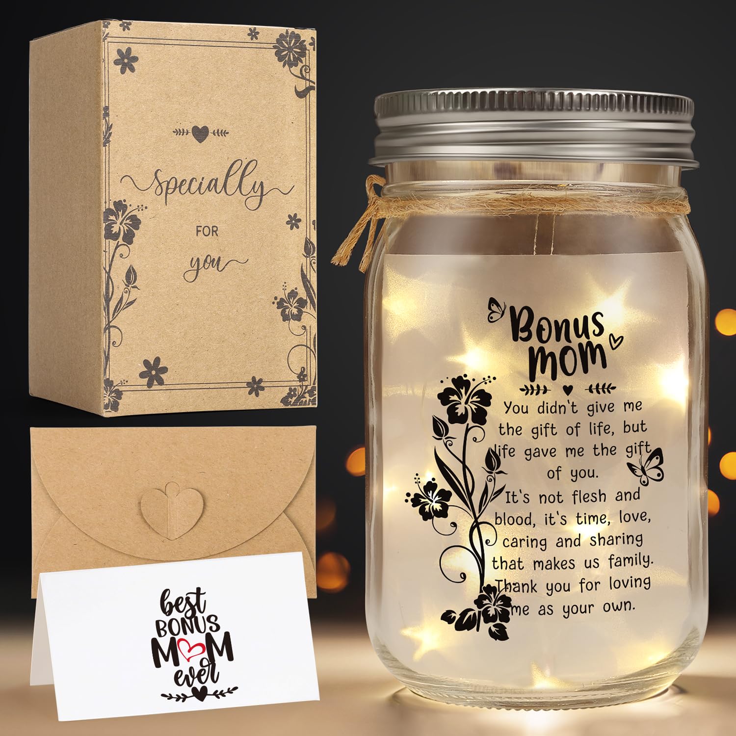 Splendest Bonus Mom Gifts Mason Jar Night Light for Mothers Day from Daughter Son,Step Mom Gifts,Birthday for Stepmom, Mother in Law Gifts