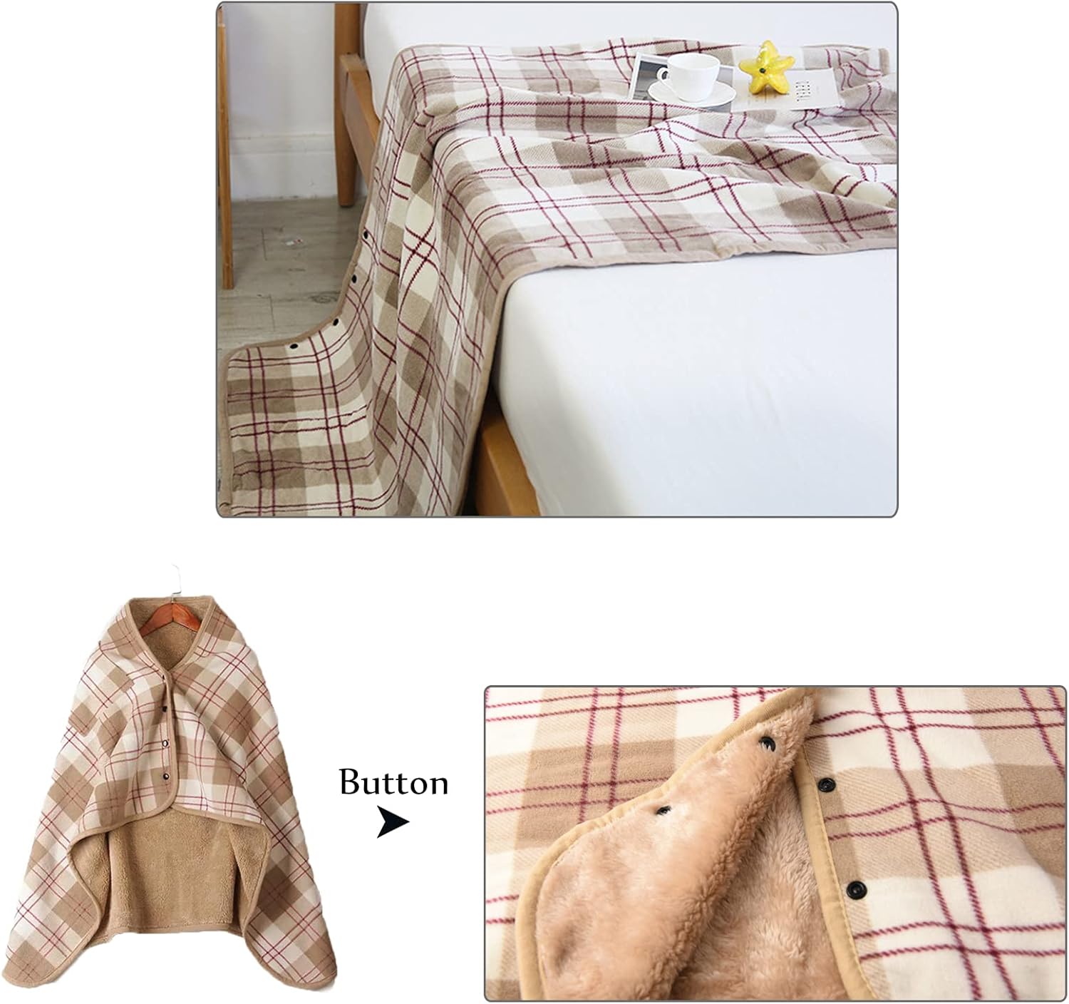 forestfish Fleece Wearable Blanket, Plaid Lap Blanket Comfy Poncho Throw with Buttons for Bed Sofa Office, Brown-White - Image 6