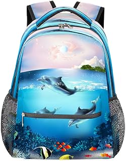 Mochilas escolares leves para meninos e meninas, adolescentes, golfinho, peixe, coral, impermeável, 40,64 cm, para viagem, laptop, mochila casual, adequada para homens e mulheres, trabalho, viagens, caminhadas, acampamento, Multicor, Medium
