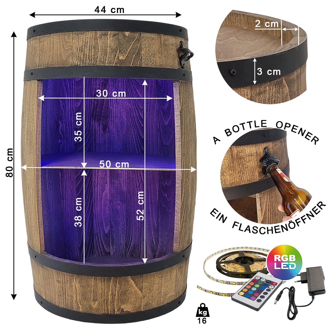 weeco Beczka na wino stolik barowy + otwieracz do butelek + LED RGB. Mini regał barowy okrągły, meble do salonu, stojak na wino, dekoracyjny, barek na wino, bar domowy, stojak na wino, 80 x 50 cm