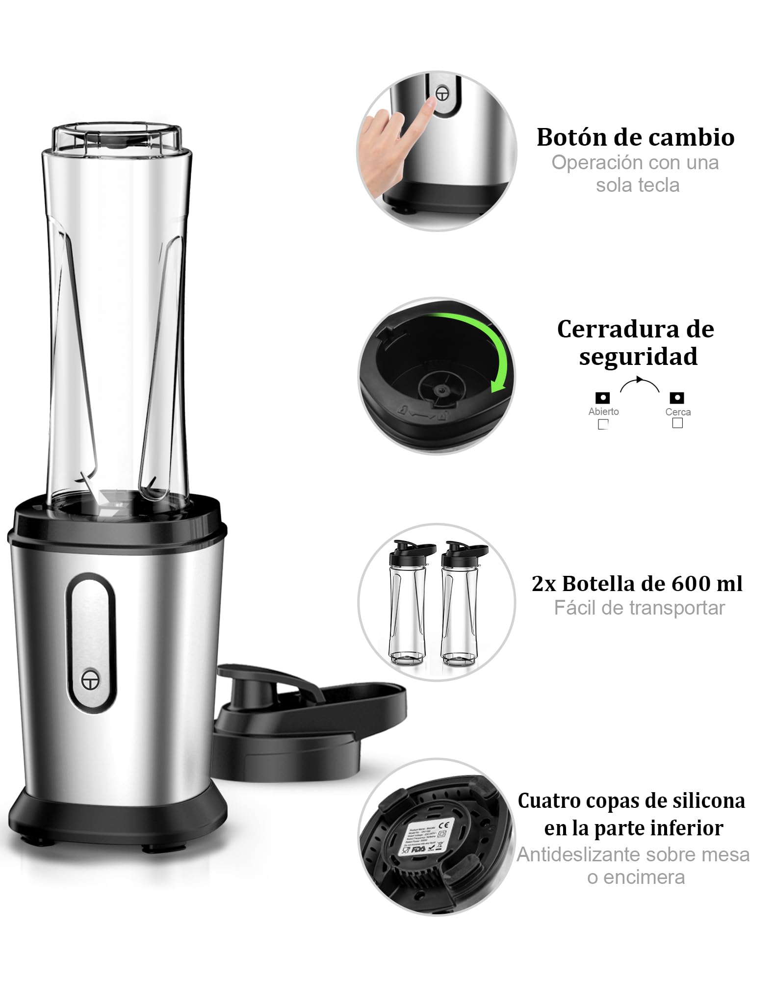 Batidora de Vaso, 500W Mini Portatil Batidora de Vaso Smoothies Individual con 2 Botellas de 600 ml de Plástico Tritan, Licuadora para Zumos, Batidos, Verduras, Frutas